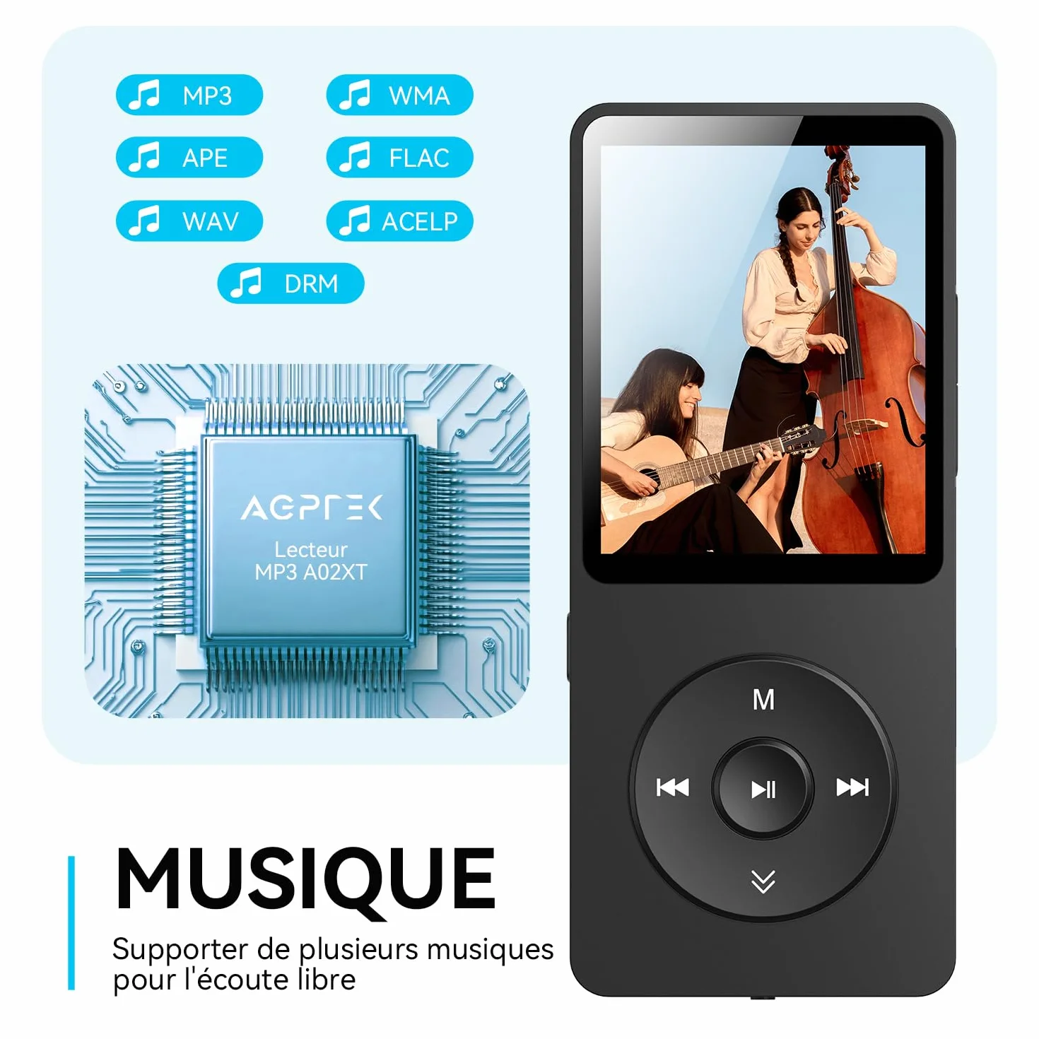 AGPTEK Lecteur MP3 Bluetooth 5.3 32Go HiFi sans Perte 70H Autonomie Baladeur Portable Radio FM Enregistrement