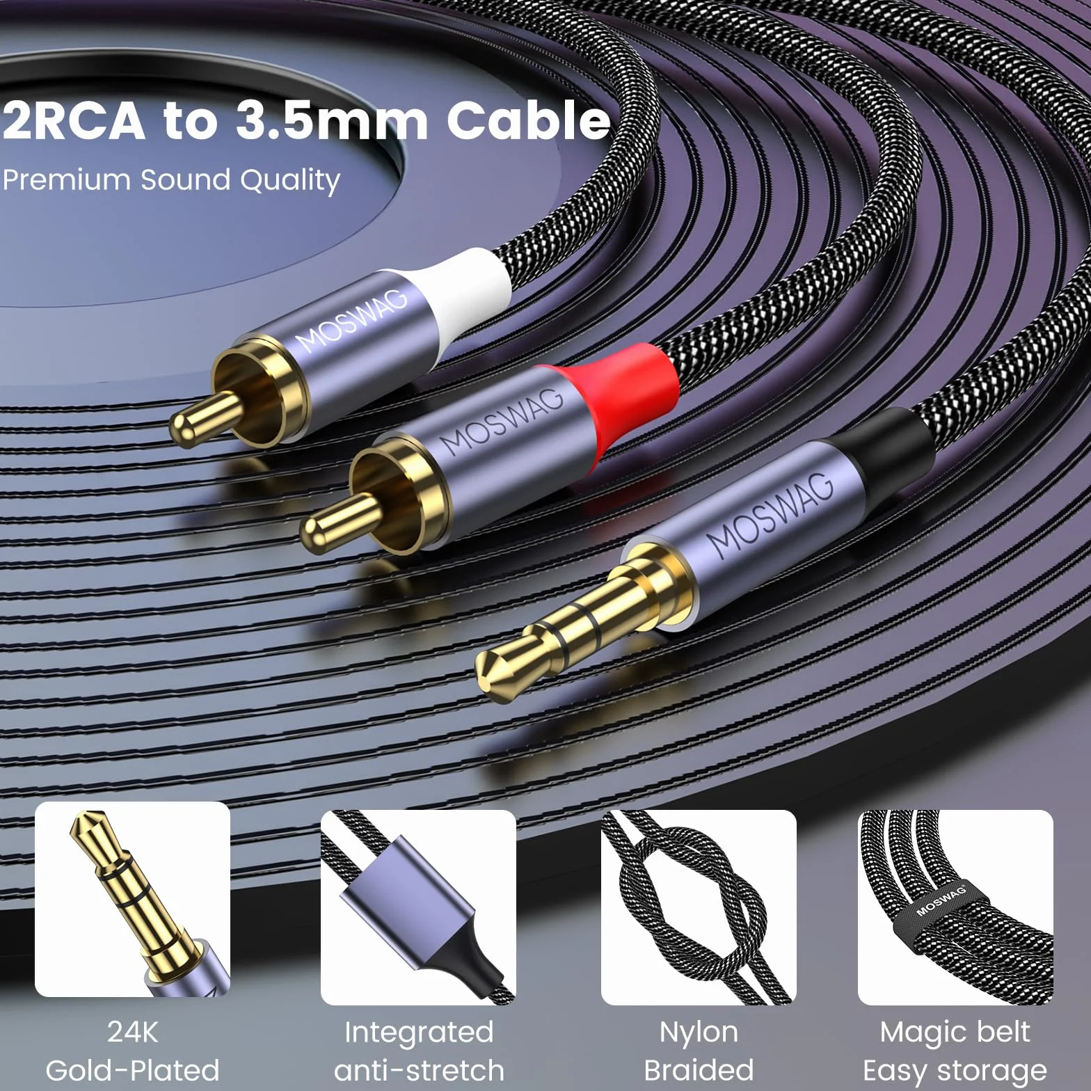 MOSWAG Câble RCA Jack Audio 3.5mm Mâle vers 2 RCA Mâle Tissage Nylon 1M