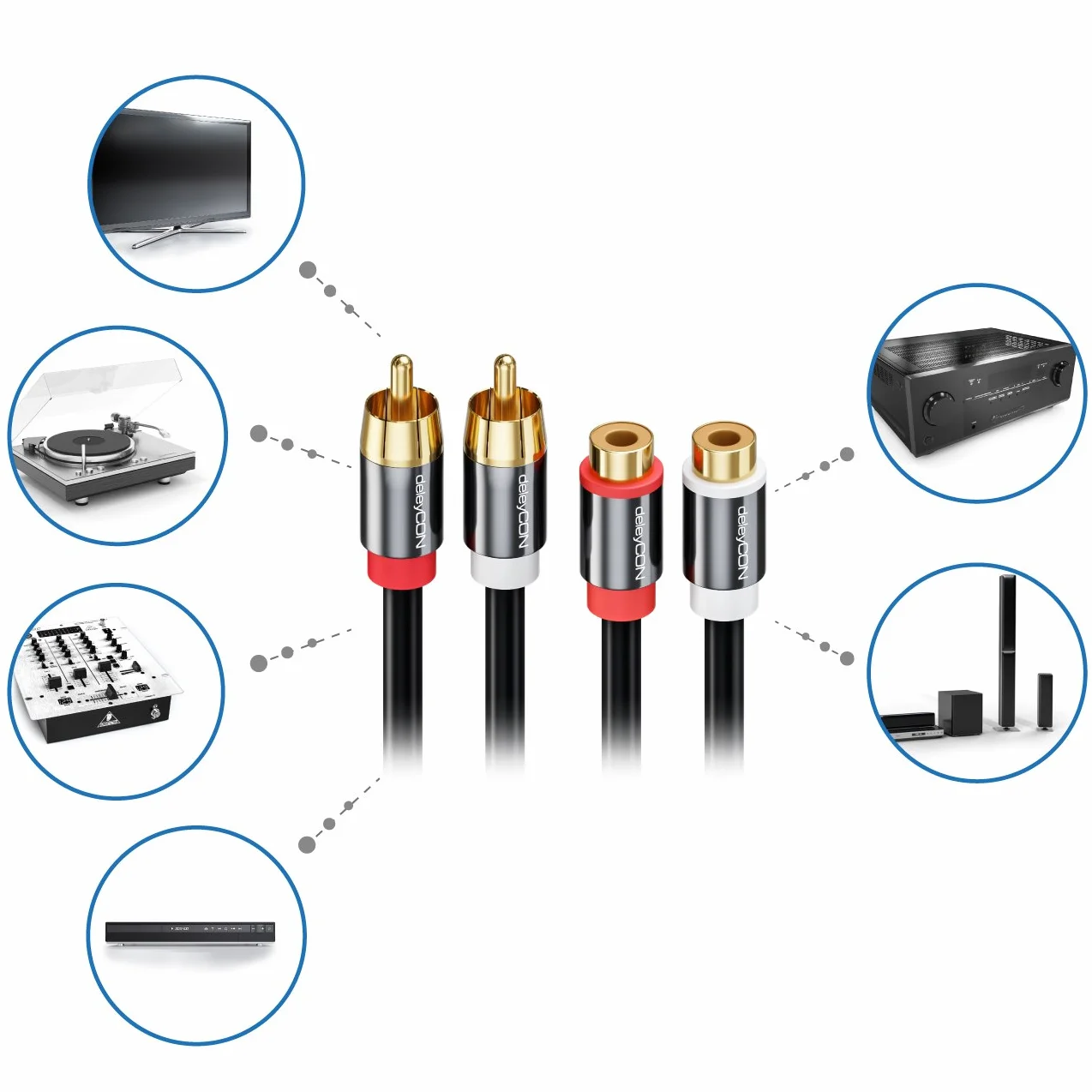 deleyCON 7,5m Câble Rallonge Cinch RCA Stéréo Audio - 2x Fiche vers 2x Prise - Connecteurs Métalliques Dorés Noir