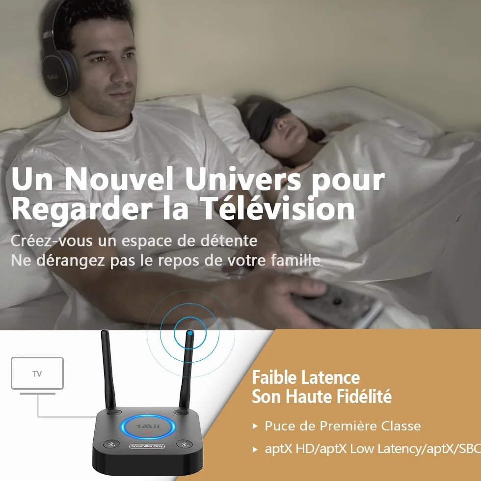 1Mii B06TX Émetteur Audio Bluetooth 5.3 pour TV, Transmetteur Adaptateur Bluetooth pour 2 Casques, aptX Faible Latence et HD, Longue Portée, Contrôle du Volume, AUX RCA Optique Coaxiale [Upgraded]
