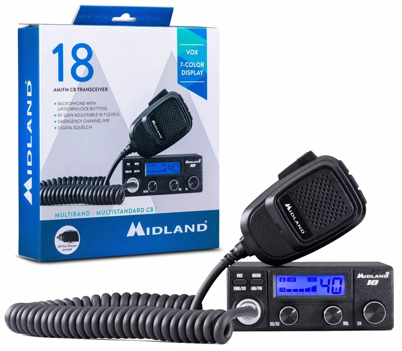 Midland 18 Ricetransmetteur CB Véhiculaire St conçu pour Offrir des Performances supérieures dans Un Format Plus Petit et Pratique, sans compromettre la qualité et Les fonctionnalités Premium.