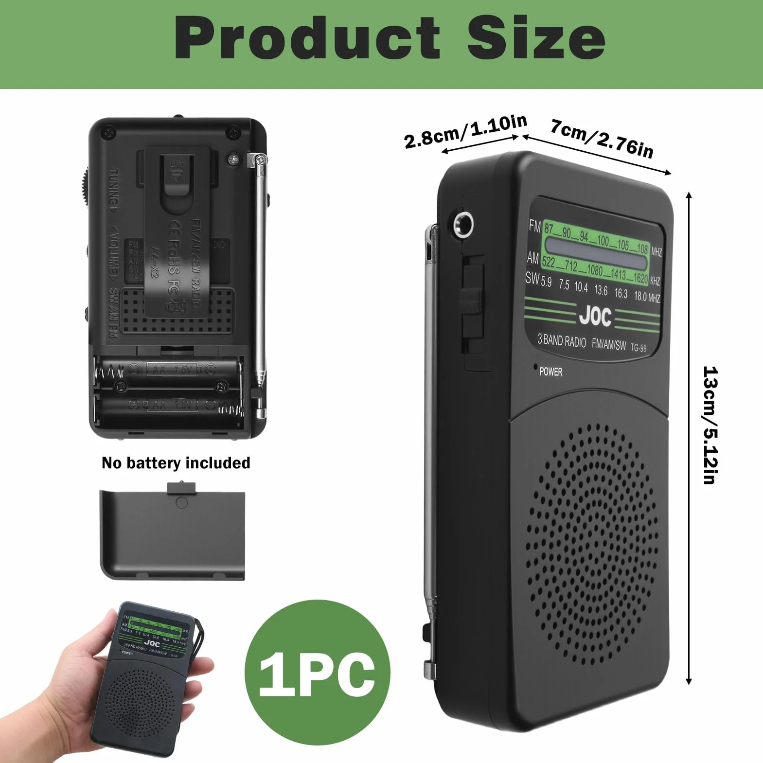 Radio Portable AM/FM/SW Mini à Piles AA avec Lampe Torche, Écouteurs, Cadeau Fête des Pères