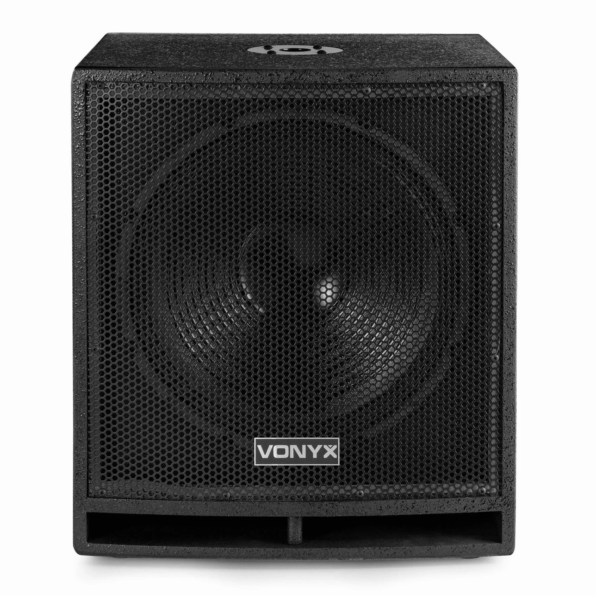 VONYX SWP15 Caisson de Basse Actif 800W, Phase Réglable, Entrée/Sortie XLR + RCA, Amplificateur Intégré, Insert sur la Face Supérieure pour Enceinte Active, Grave 15", Idéal pour DJ Mobile