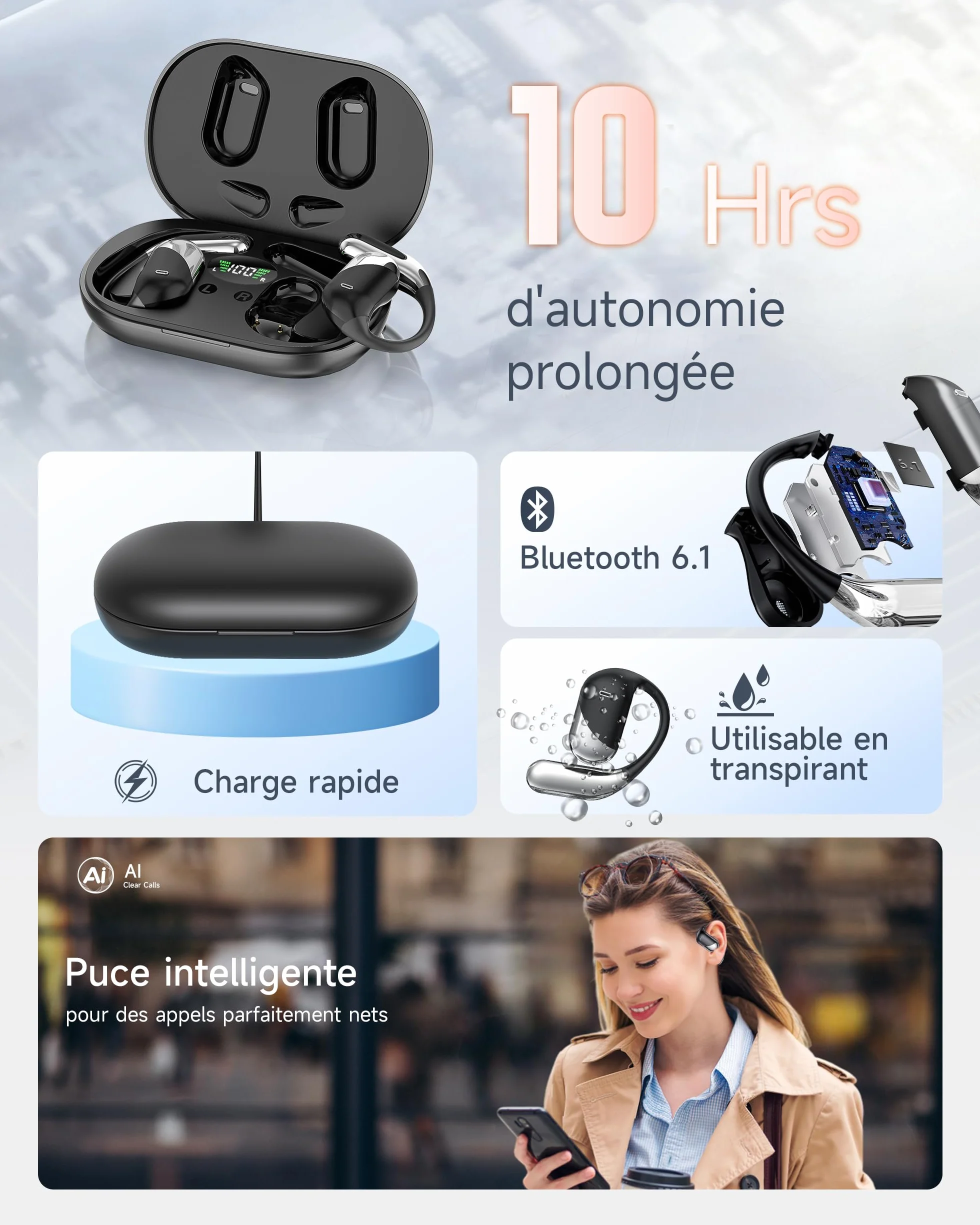 Paekole Casque à Conduction osseuse,écouteurs Bluetooth V6.1 sans Fil avec Micro,autonomie 80 h,écouteurs étanches IP7, Casque Sport avec Crochet d’Oreille pour Fitness/Musique/Appel