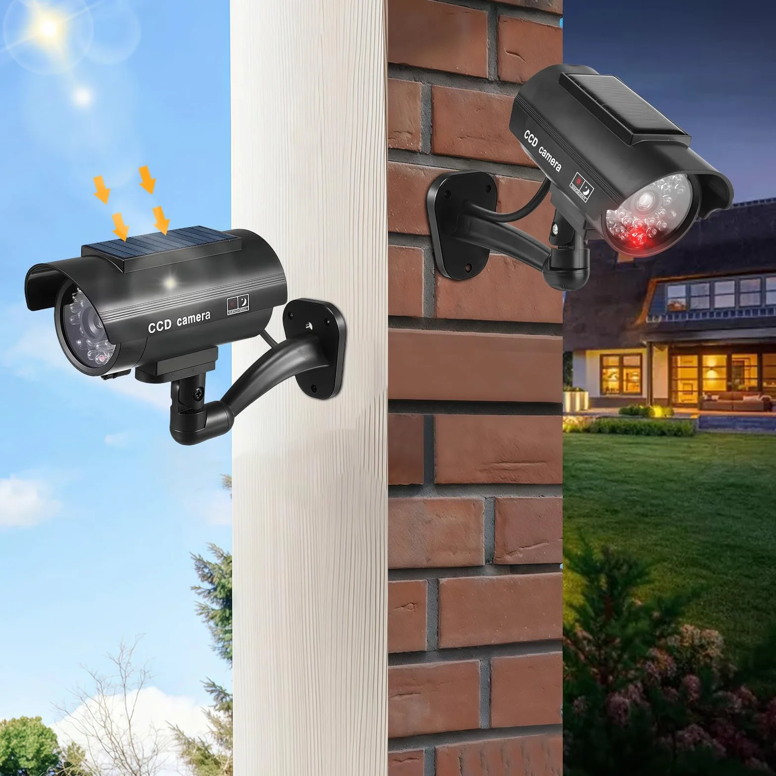 Sporgo 2 pièces Caméra factice Extérieur: Caméra de surveillance factice solaire avec lumière LED rouge clignotante, caméra de surveillance factice caméra de sécurité factice pour intérieur et