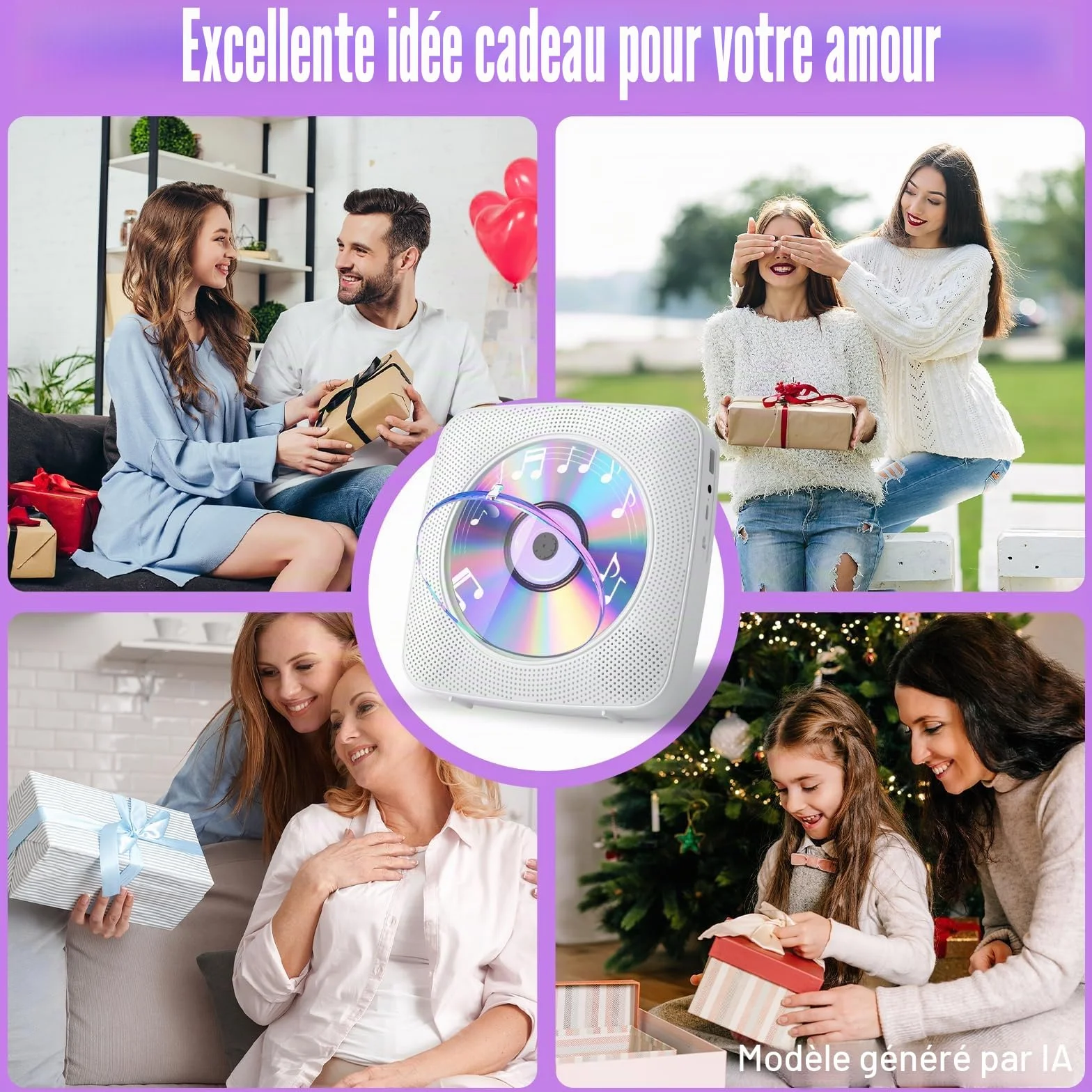 Gueray Lecteur CD Portable Bluetooth 1800mah Lecteur CD de Bureau pour la Maison Lecteurs CD avec Deux Haut - parleurs Télécommande Housse Anti-poussière Affichage Radio FM Minuterie USB Aux-Blanc
