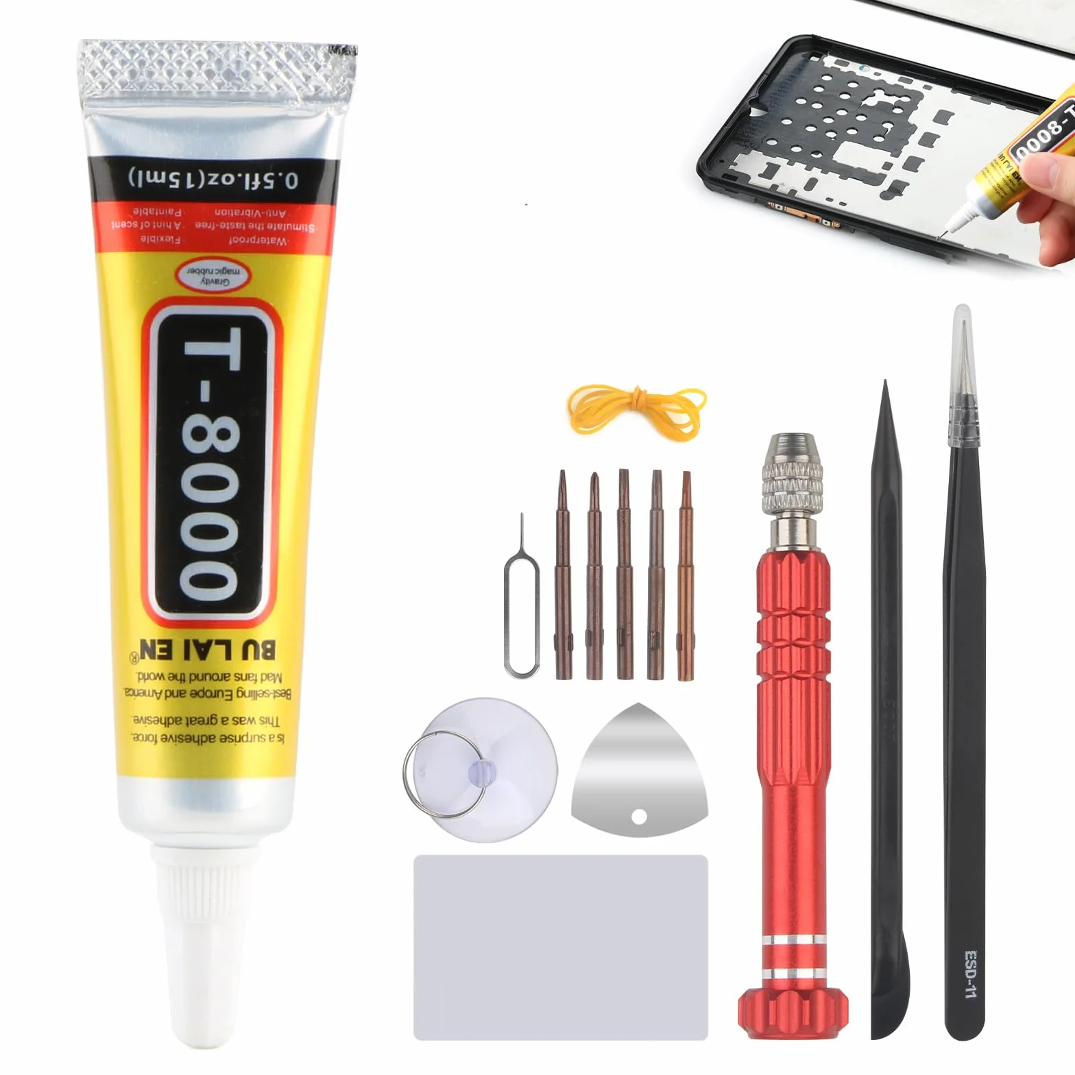 Colle pour ecran smartphone avec outils, colle T8000 pour telephone portable, tablettes，Casques audio, Céramique, Métal, Tissu,Kits de bricolage pour jouets(15 ml)
