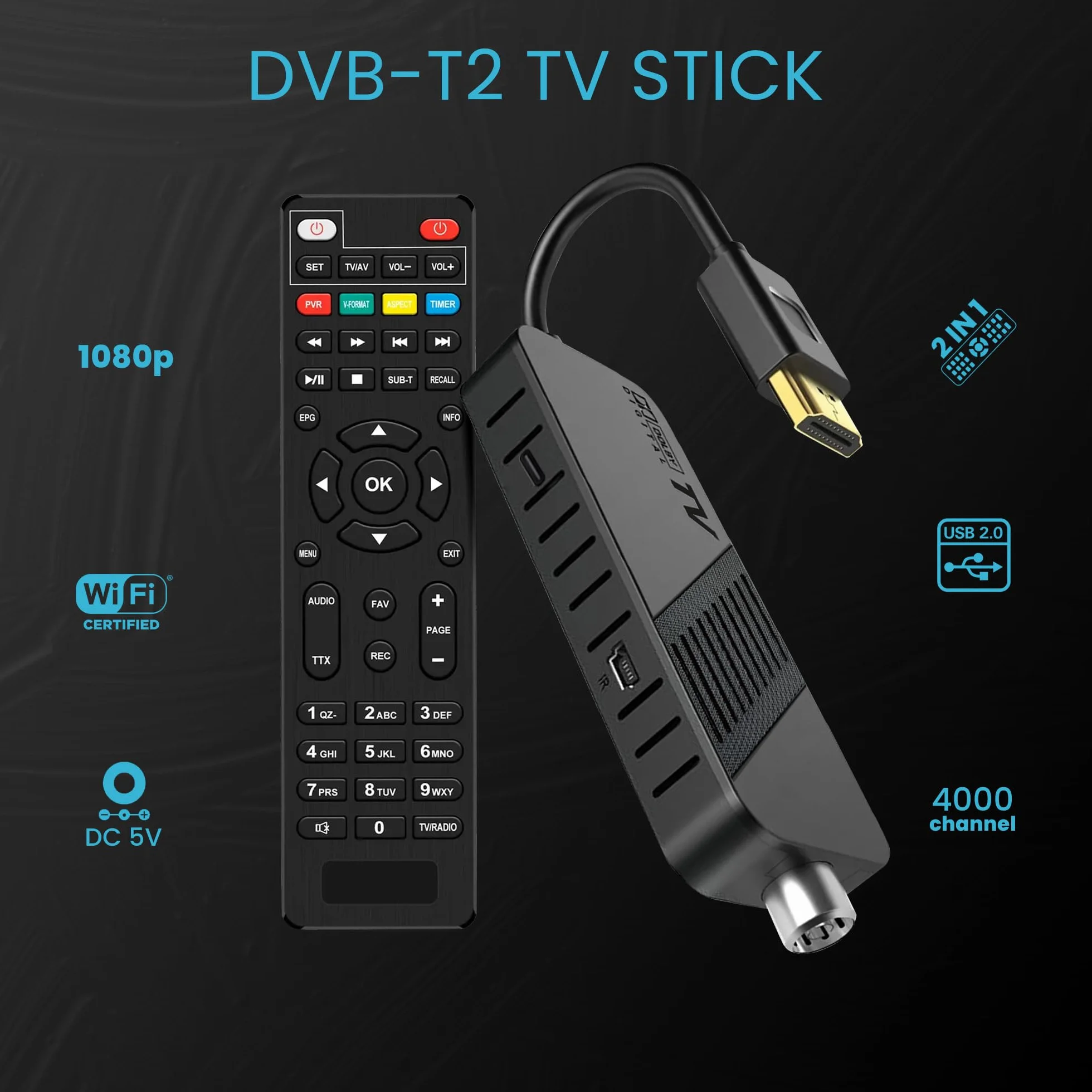 Leyf Décodeur DVB-T2 TNT Full HD 1080P HEVC H265, HDMI/AV USB, Télécommande 2en1