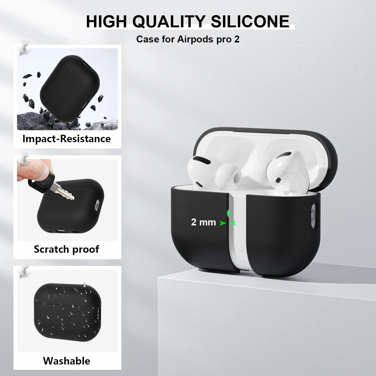 Coque en Silicone Compatible avec Airpods Pro 2 (2022), Ultra-Thin, Étui de Protection Souple, LED Avant Visible, Noir