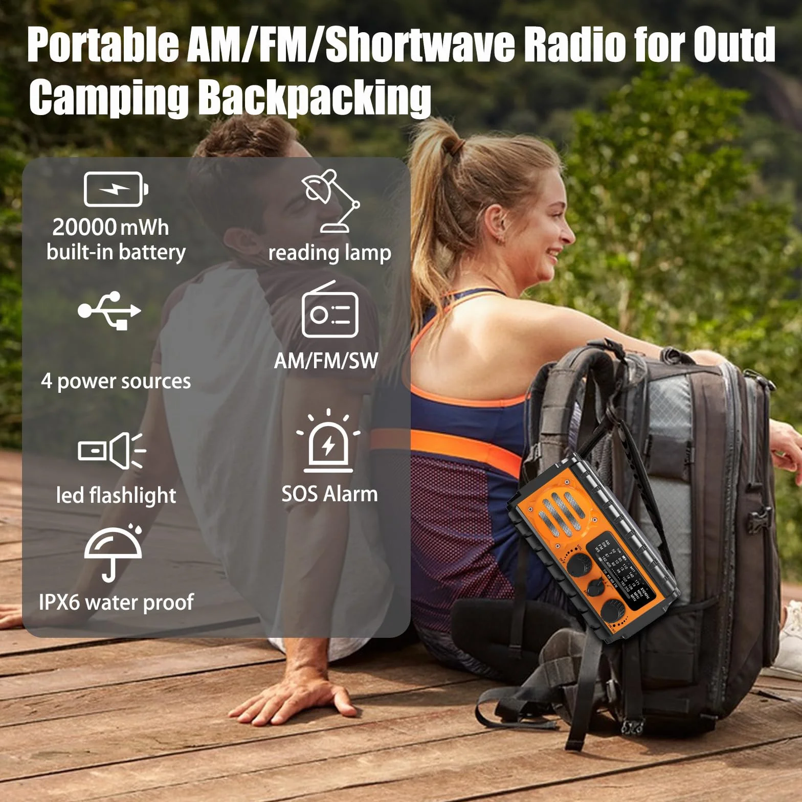 Winnes Radio d'urgence 20 000 mAh AM/FM avec lampe de poche et alarme SOS charge solaire