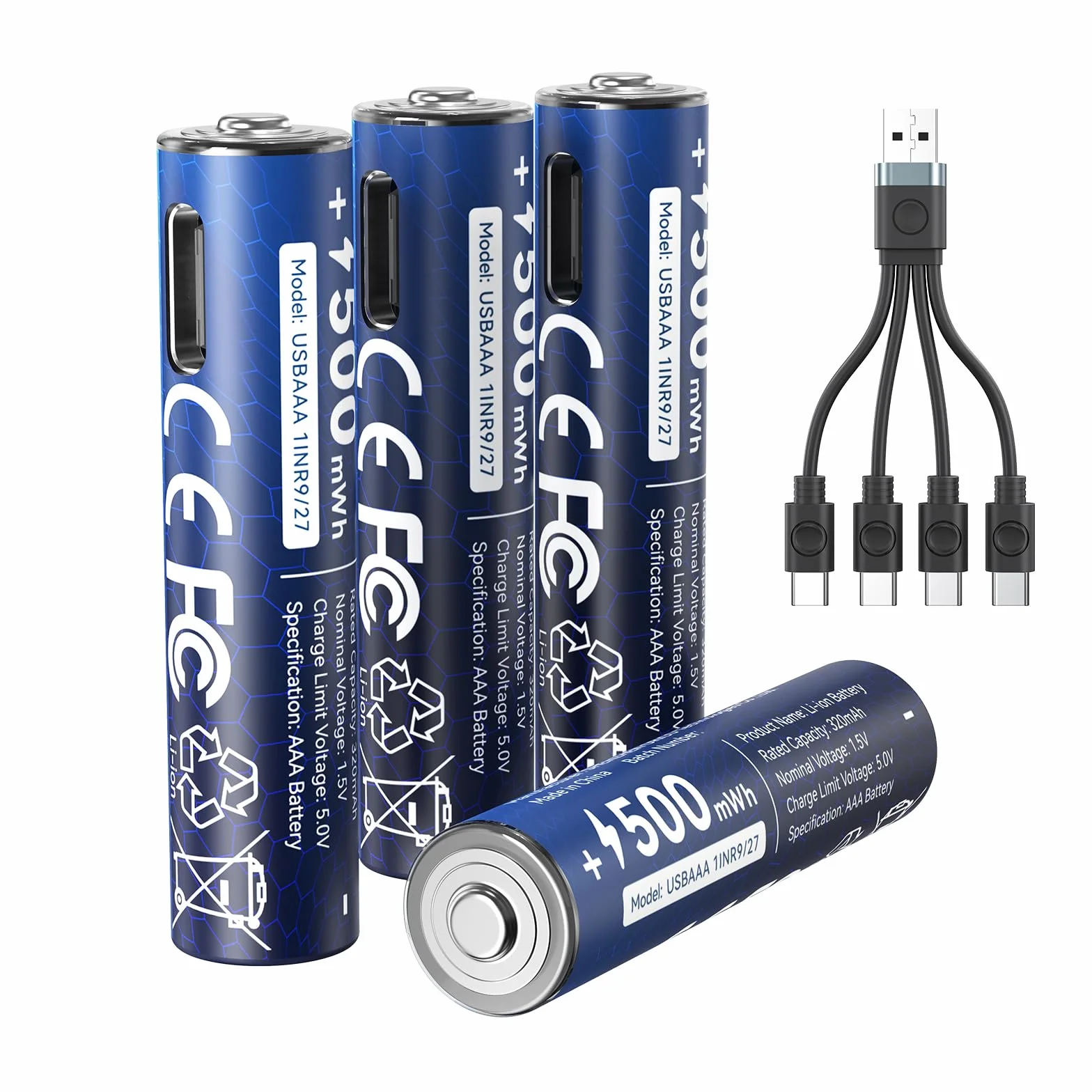 NTONPOWER Piles Lithium AAA 1,5 V 500 mWh, Rechargeables USB-C avec câble, Lot de 4, pour Lampe Torche