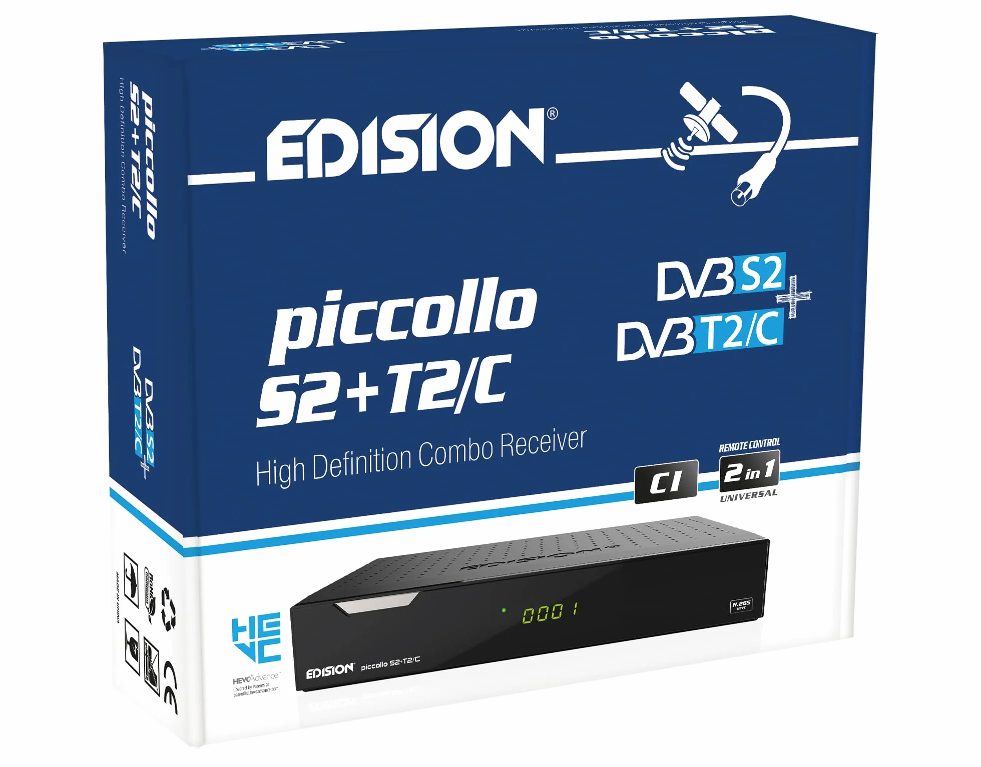 Edision Récepteur combiné PICCOLLO S2+T2/C H.265/HEVC (DVB-S2, DVB-T2, DVB-C) CI Full HD USB noir, télécommande universelle 2 en 1