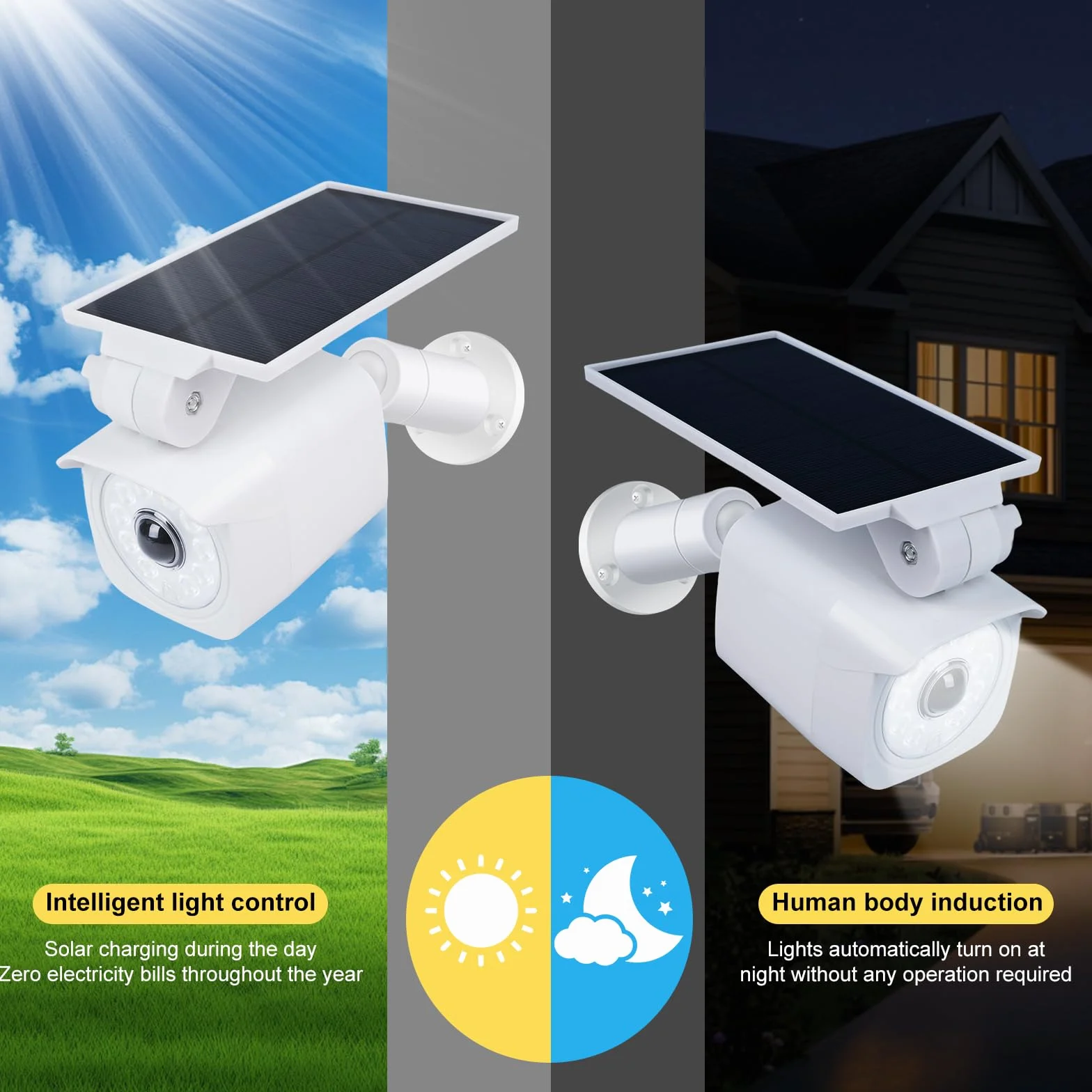 Lampes solaires d'extérieur avec détecteur de mouvement Lampes solaires LED avec caméra factice Caméra de surveillance factice 360° Panneau solaire pivotant à 120° 5V/1.5W 2200mAh IP65 Blanc.