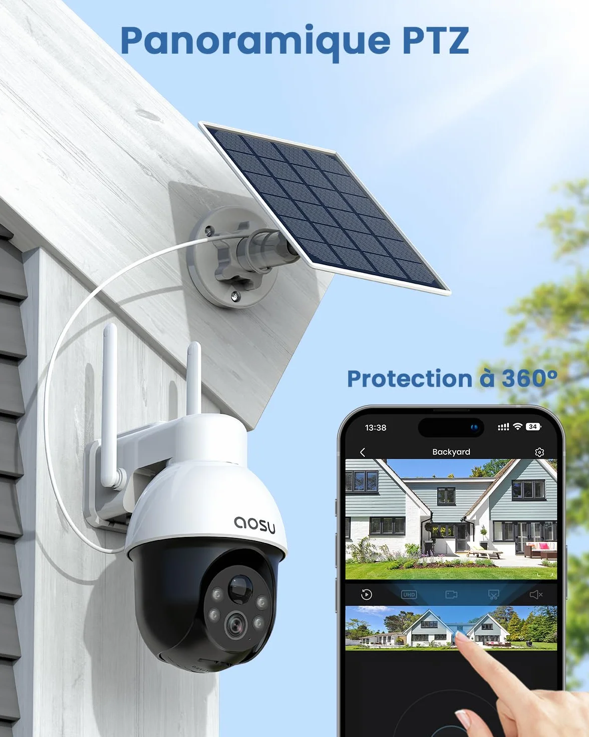 AOSU 3K Caméra Surveillance WiFi Extérieure sans Fil 5MP Solaire 360° PTZ Suivi Automatique Détection IA Personne/Véhicule Vision Nocturne Couleurs Alarme Lumineuse/Sonore 2 Pièces