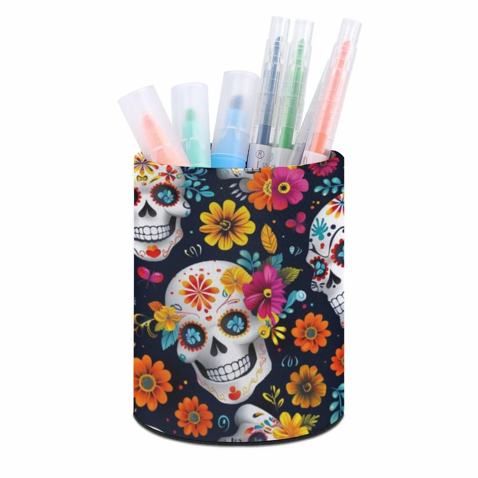 Pot à crayons rond en cuir tête de mort mexicaine - Organiseur maquillage bureau multifonctions