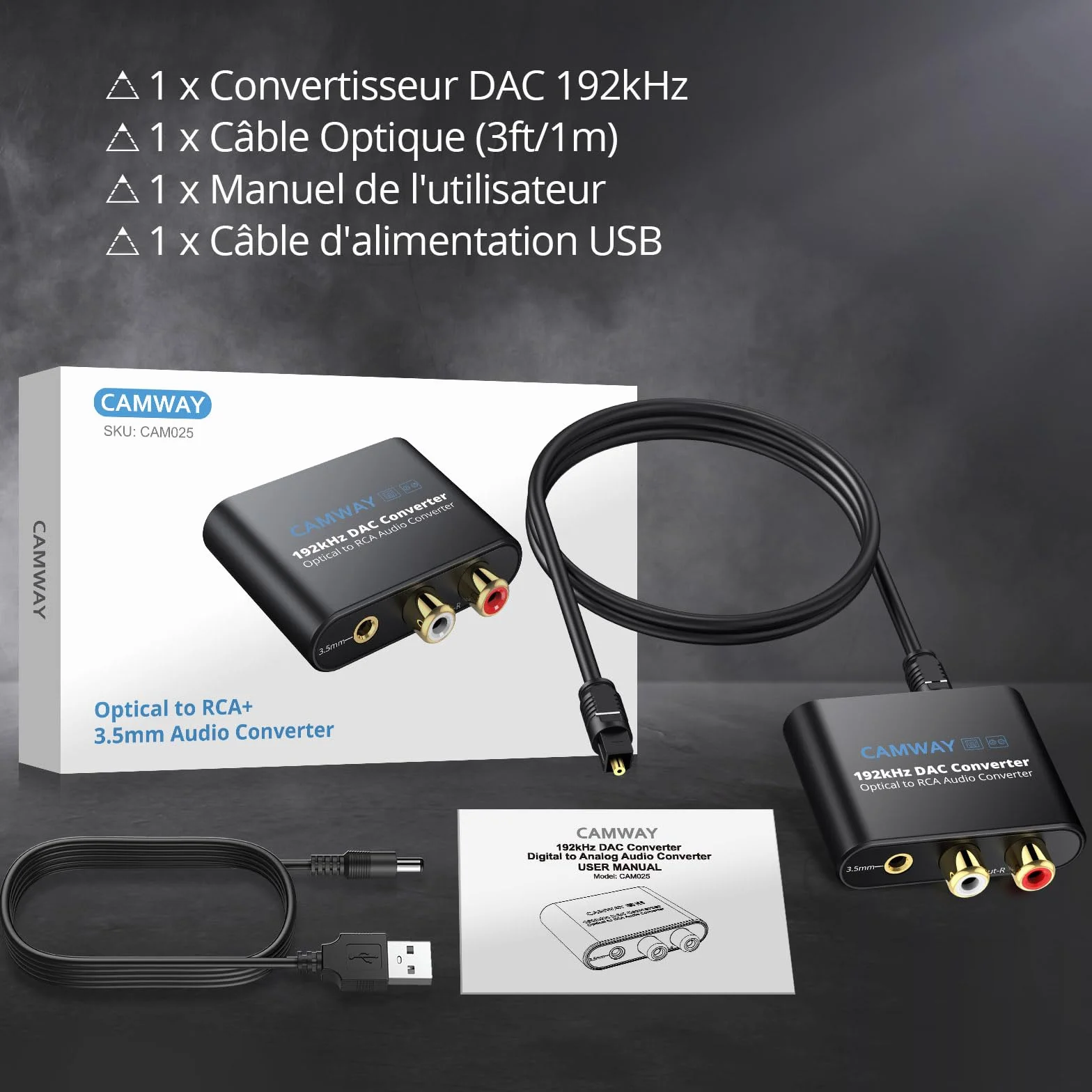 CAMWAY Convertisseur DAC 192kHz SPDIF vers RCA Optique Toslink vers 3.5mm Audio Numérique Analogique