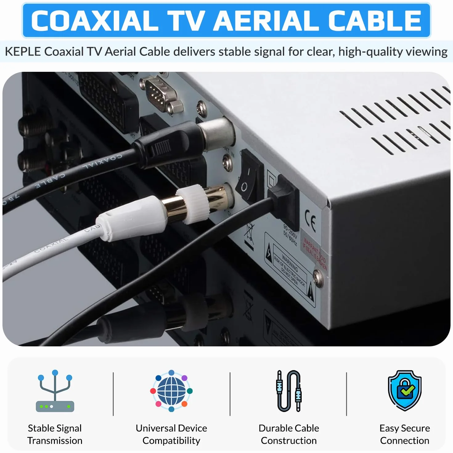 Keple Câble coaxial F-plug vers RF M-plug pour satellite Sat Freesat Sky Virgin BT TV HDTV DVB DVD Radio/Coax Antenne Freeview Coaxial Coax Antenne Adaptateur Câble TV - 1 m Blanc