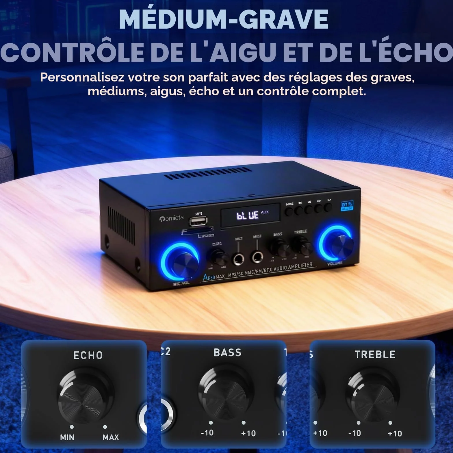 Romicta Amplificateur Audio Stéréo 800W, Bluetooth 5.0 | Radio FM, Lecteur USB/SD, Entrée AUX, 2 Micros avec Echo | Télécommande pour Home Cinéma et Maison