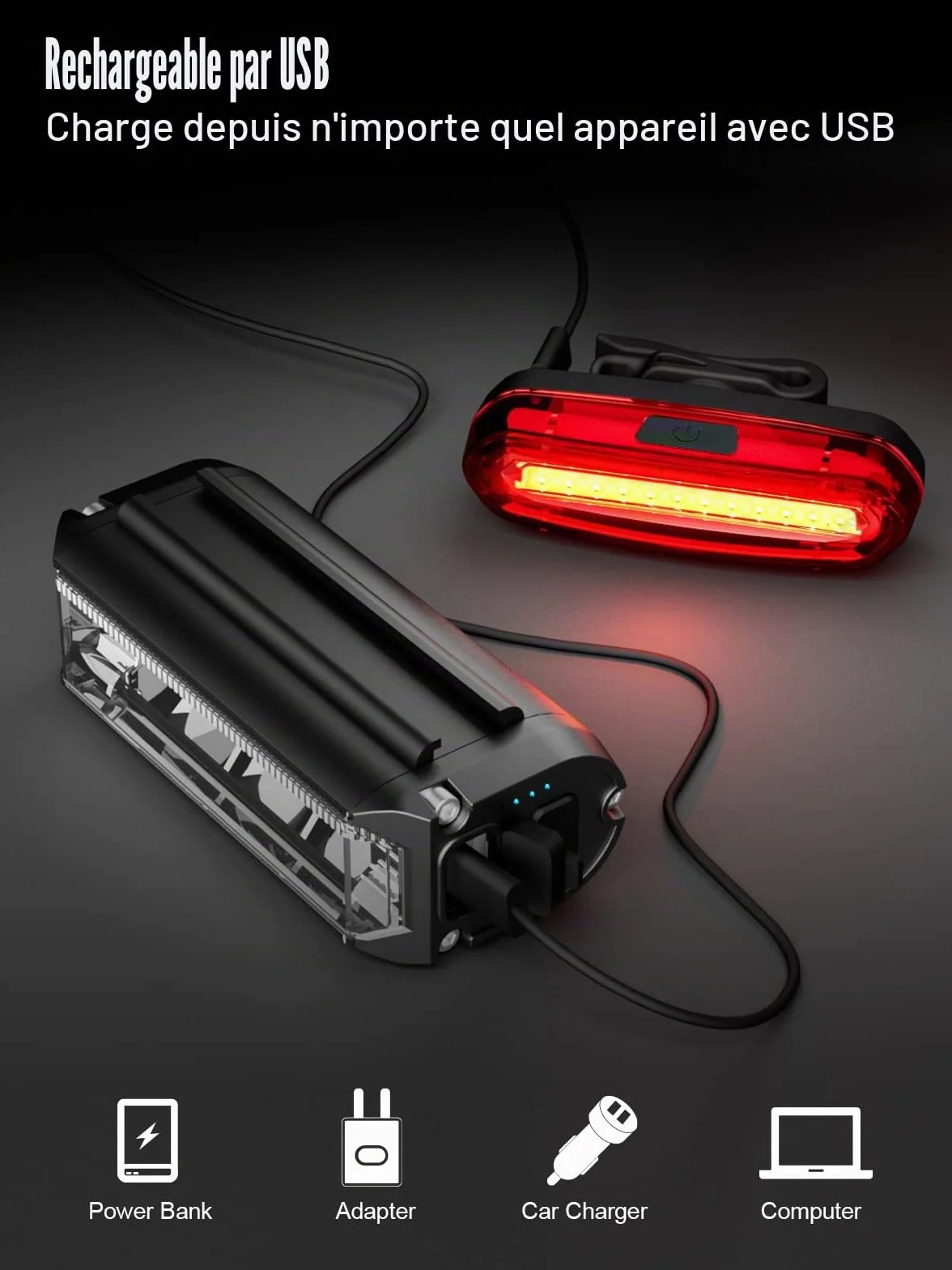 Lumiere Velo Avant et Arriere, Ensemble Éclairage Vélo LED Puissant 5 Modes Lampe Vélo Rechargeable USB Étanche IPX5