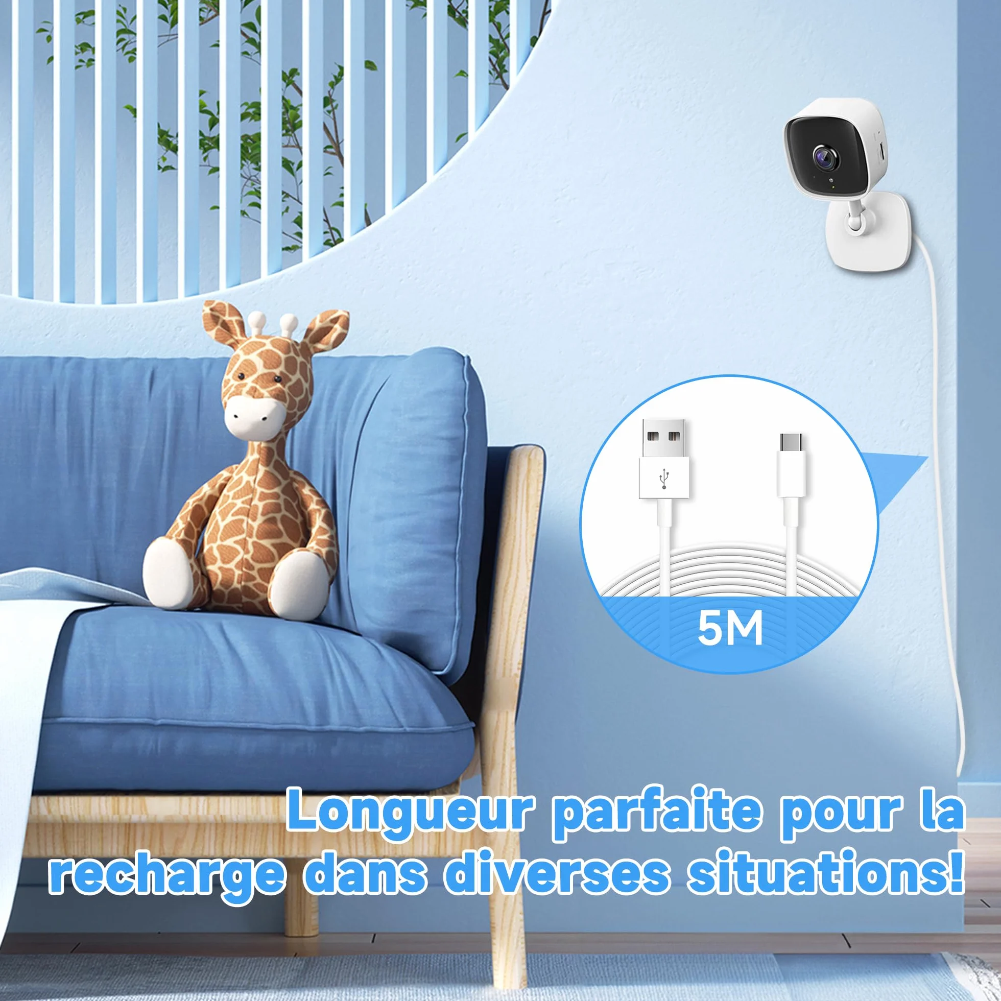 Câble d'extension d'alimentation USB-C 5M, rallonge USB A vers USB C pour caméras de sécurité