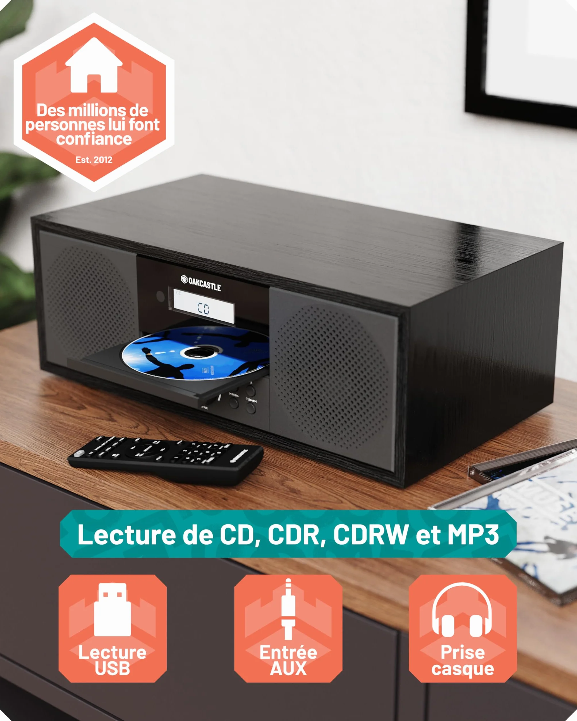 OAKCASTLE DAB500 Radio Dab+ Bluetooth Lecteur CD Système stéréo 60W pour Maison
