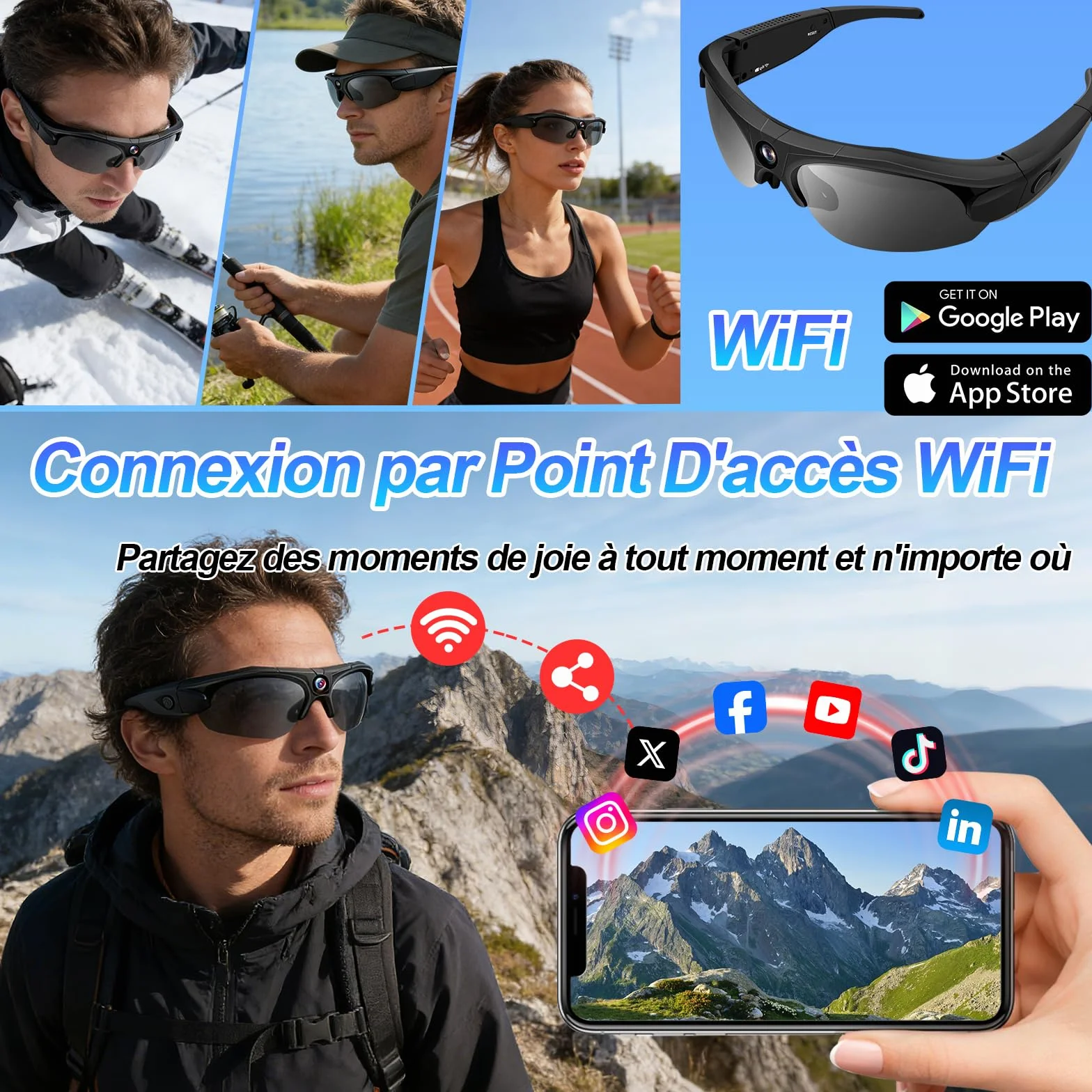 TANGMI Lunette Camera Sport 1080P HD Grand Angle 120° WiFi Enregistrement 2 Heures Cyclisme Ski Plein Air