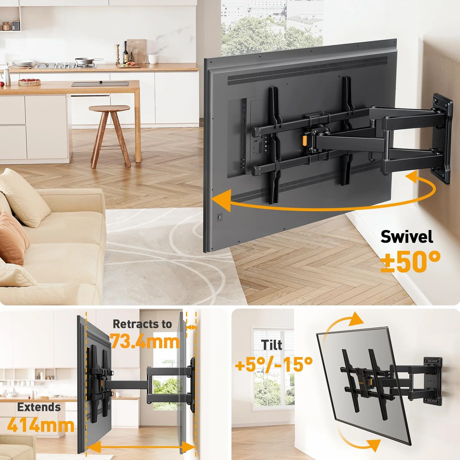 PERLEGEAR Support Mural TV à Mouvement Complet pour téléviseurs Plats ou incurvés de 32 à 85", Support TV Mural avec Inclinaison sans Outil et Gestion des câbles, jusqu'à 60 kg, Max VESA 600x400 mm