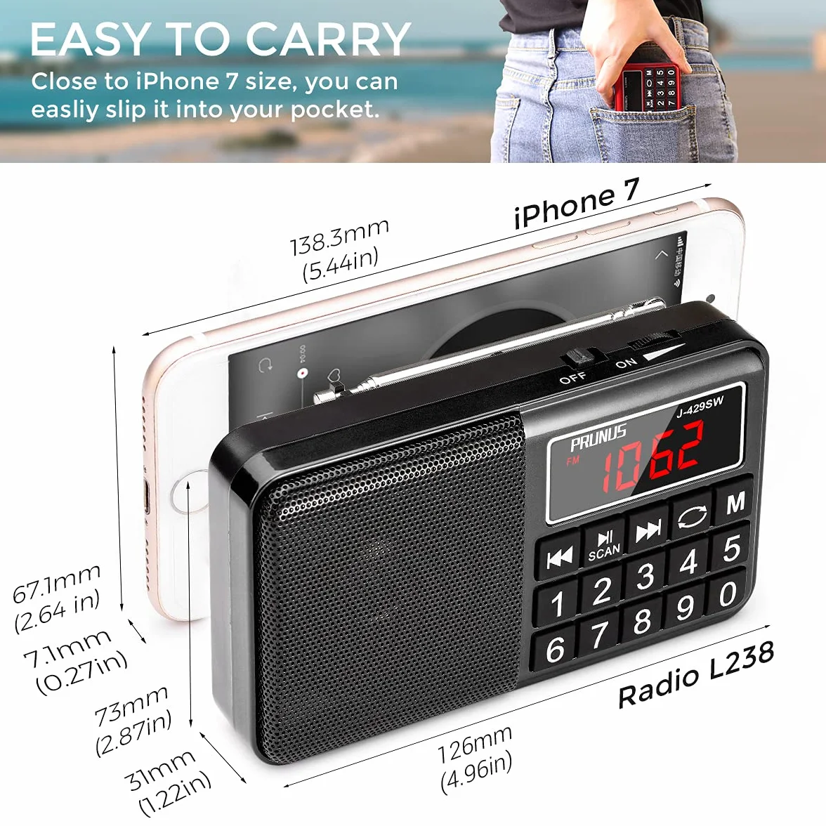 PRUNUS J-429 Petite Radio Portable Rechargeable FM/AM/SW/USB/MP3 Mini Haut-parleur Gros Boutons Grand écran