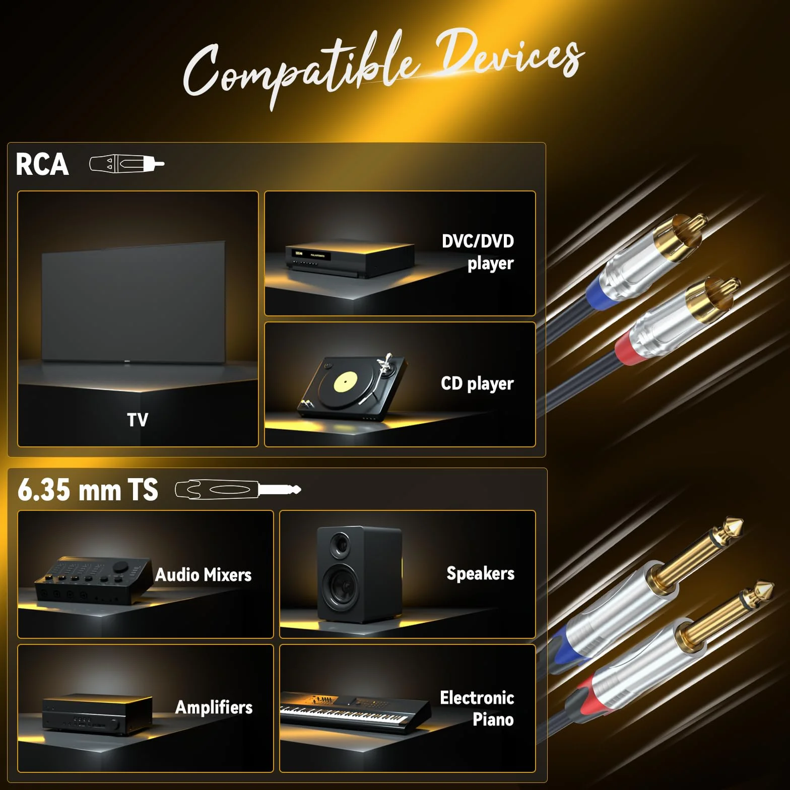 Tisino RCA vers Jack 6,35mm Câble, 2 x RCA mâle vers 2 x jack mono Audio Connecteur Adaptateur, 1m