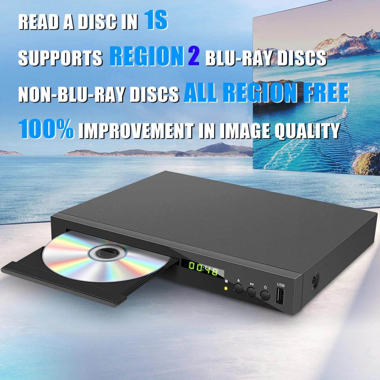 Lecteur de DVD Blu-Ray pour TV, HD Lecteur Blu-Ray Lit Le Disque Blu-Ray de Région 2, Lecteur DVD CD 1080P Toutes Régions pour la Maison, Supporte Clé USB Sortie HDMI AV Coaxiale (Blu-Ray Région 2)