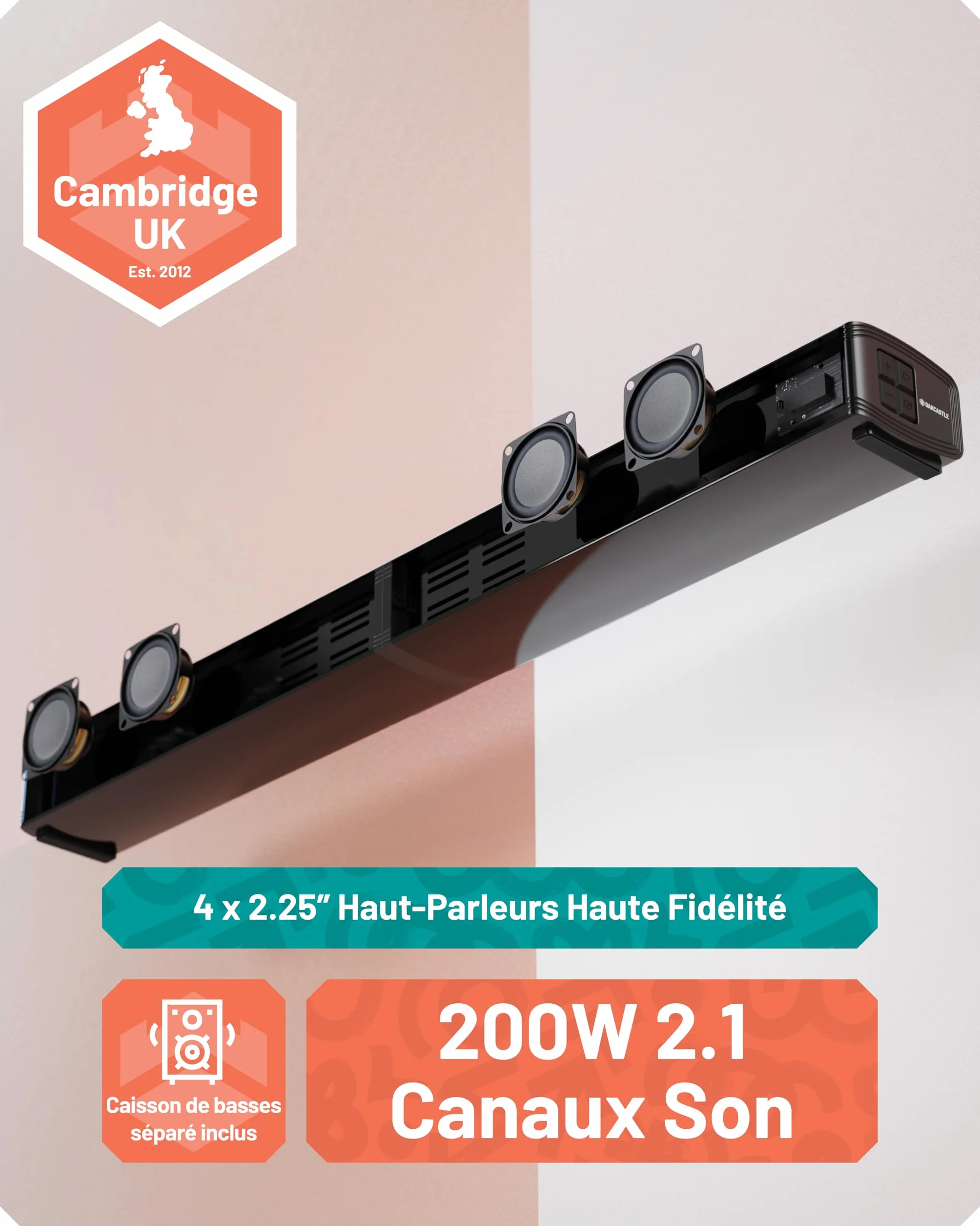 Oakcastle SB80 Xtra Barre de Son TV Bluetooth 5.3 200W 2.1 Caisson de Basses HDMI Arc