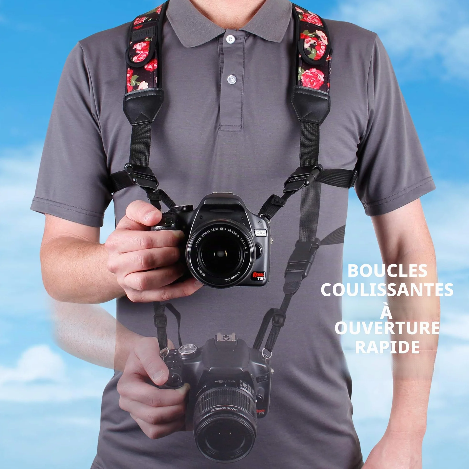 USA Gear DSLR Harnais de Poitrine Pour Appareil Photo Reflex Numérique avec Boucles à Dégagement Rapide et Poches pour Accessoires – Compatible avec Canon, Nikon, Sony et plus