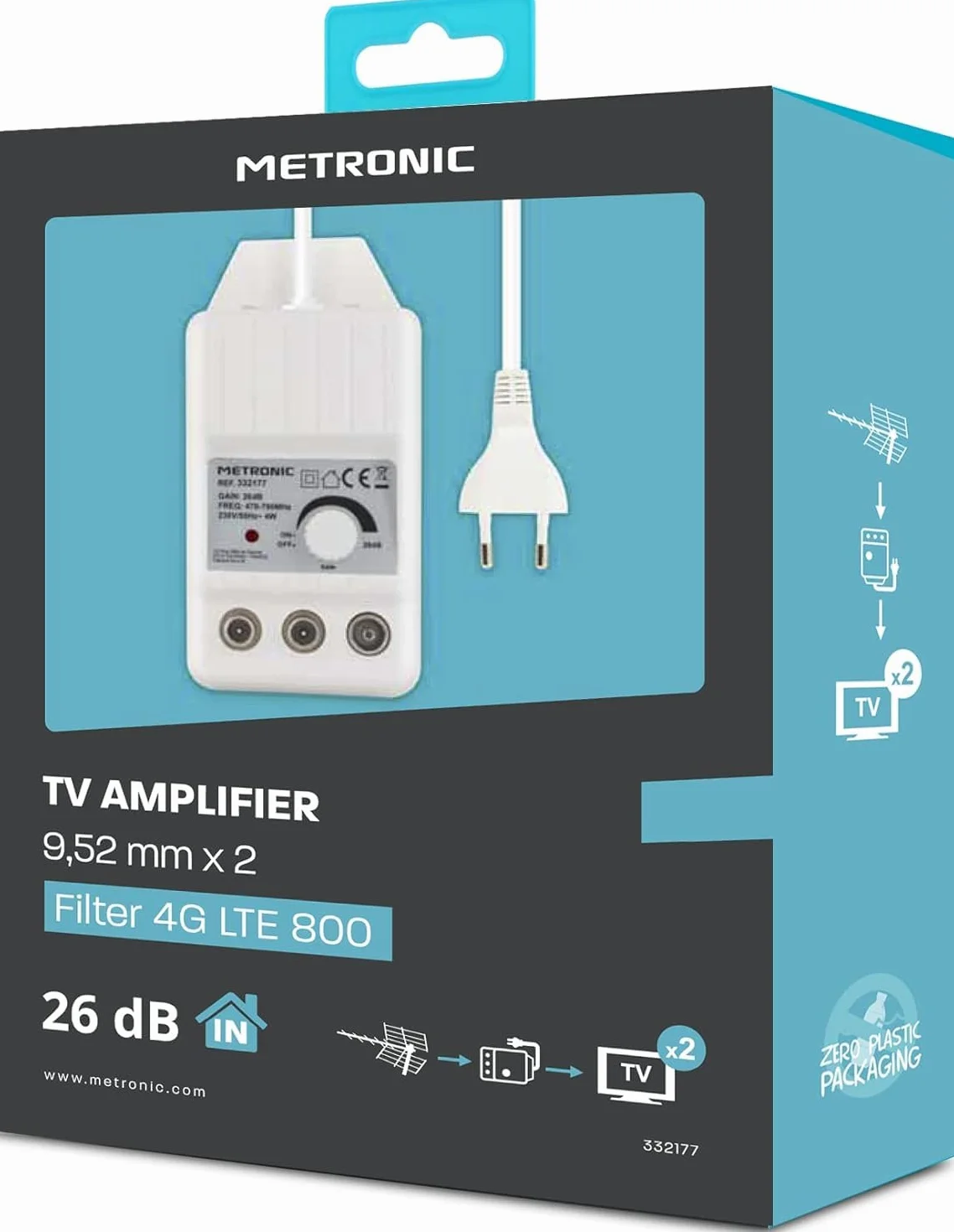 Metronic 332187 Amplificateur TV FM/VHF/UHF numérique terrestre avec Filtre 5G 2x24dB réglable, 1 entrée/2 Sorties, intérieur, 47/694MHz, Blanc