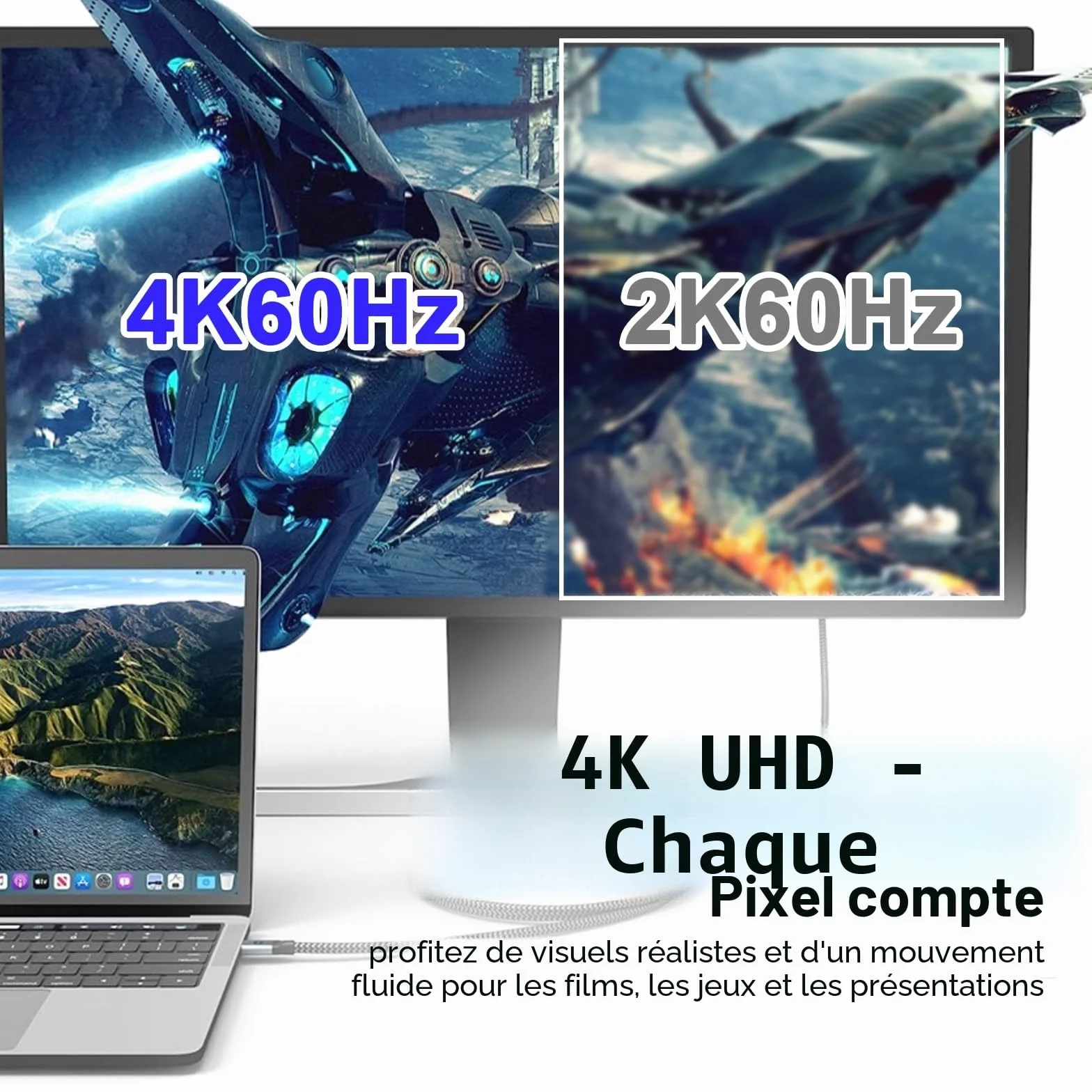 Câble USB C vers HDMI 4K60Hz T9 2 m tressé, adaptateur HDMI vers USB C, câble HDMI compatible avec iPhone 17/16/15 Pro Max, MacBook Pro/Air, iPad, Samsung S25/S24, Dell, Surface