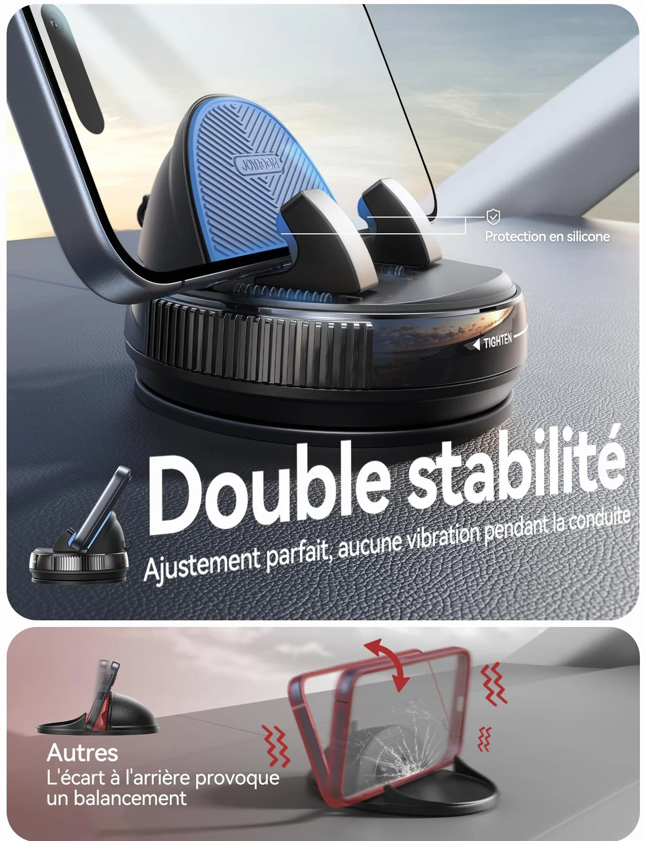 JOYROOM Support Téléphone Voiture Tableau de Bord [Gel & Ventouse] Porte Telephone Voiture Compatible avec Coques jusqu'à 19 mm, Car Phone Holder pour iPhone/Samsung/Google/Android Smartphones