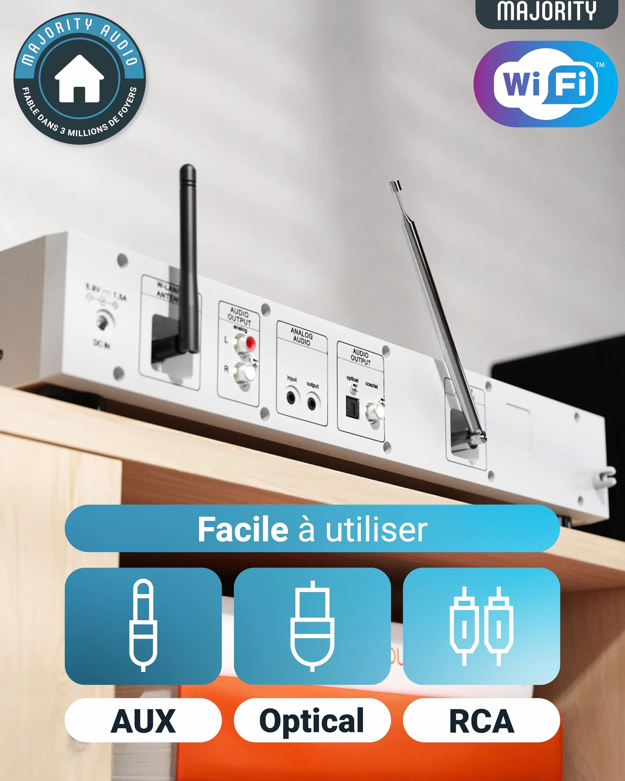 Radio Internet Dab FM WiFi Bluetooth |Tuner Dab pour Chaine HiFi avec Spotify Connect | Tuner HiFi avec Plus de 90 présélections, écran LED Couleur | USB, AUX, RCA | Majority Fitzwilliam 2024 (Argent)