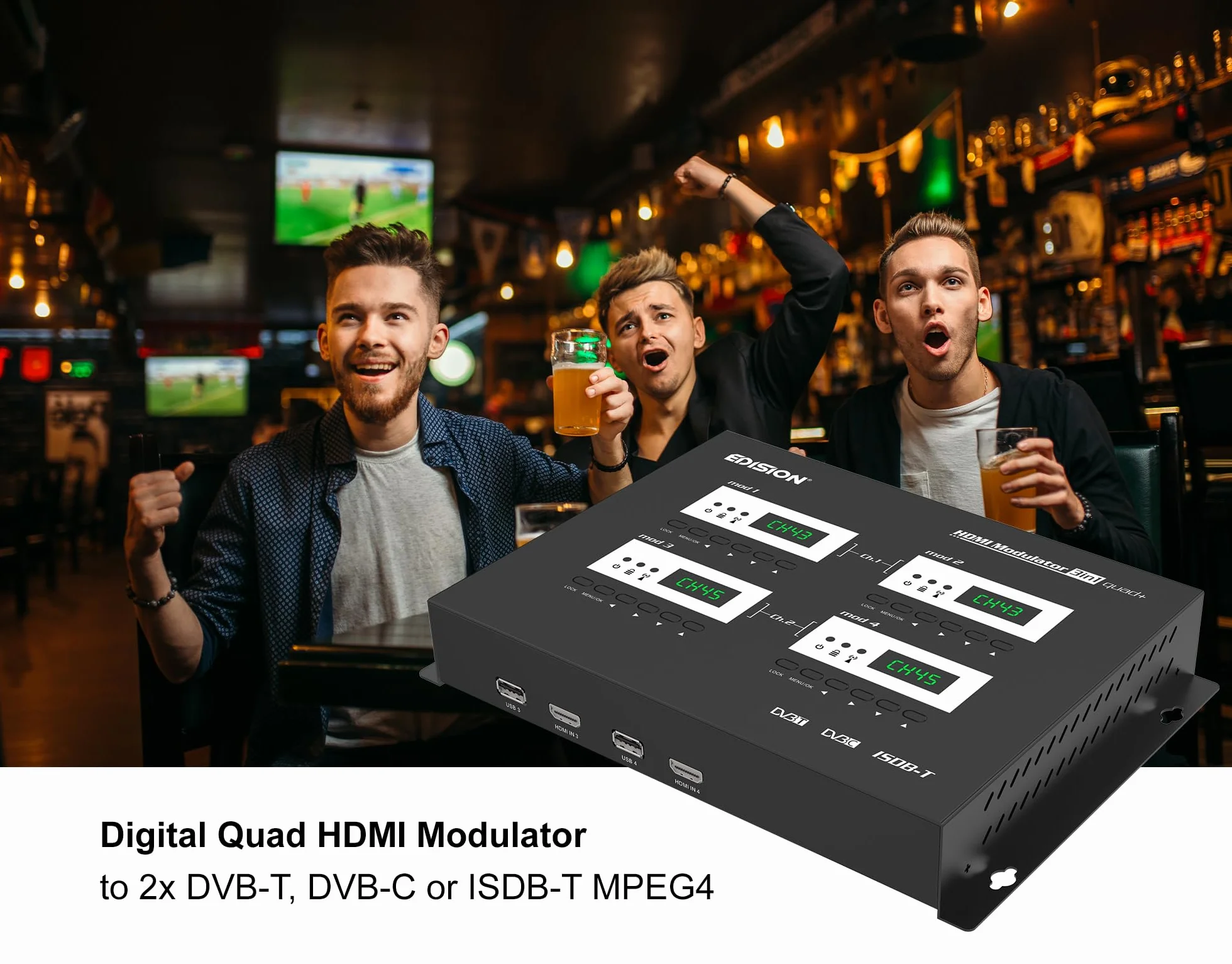 EDISION Modulateur HDMI 3in1 Quad+ RF 4X HDMI DVB-T ISDB-T DVB-C Full HD Coaxial Plug and Play