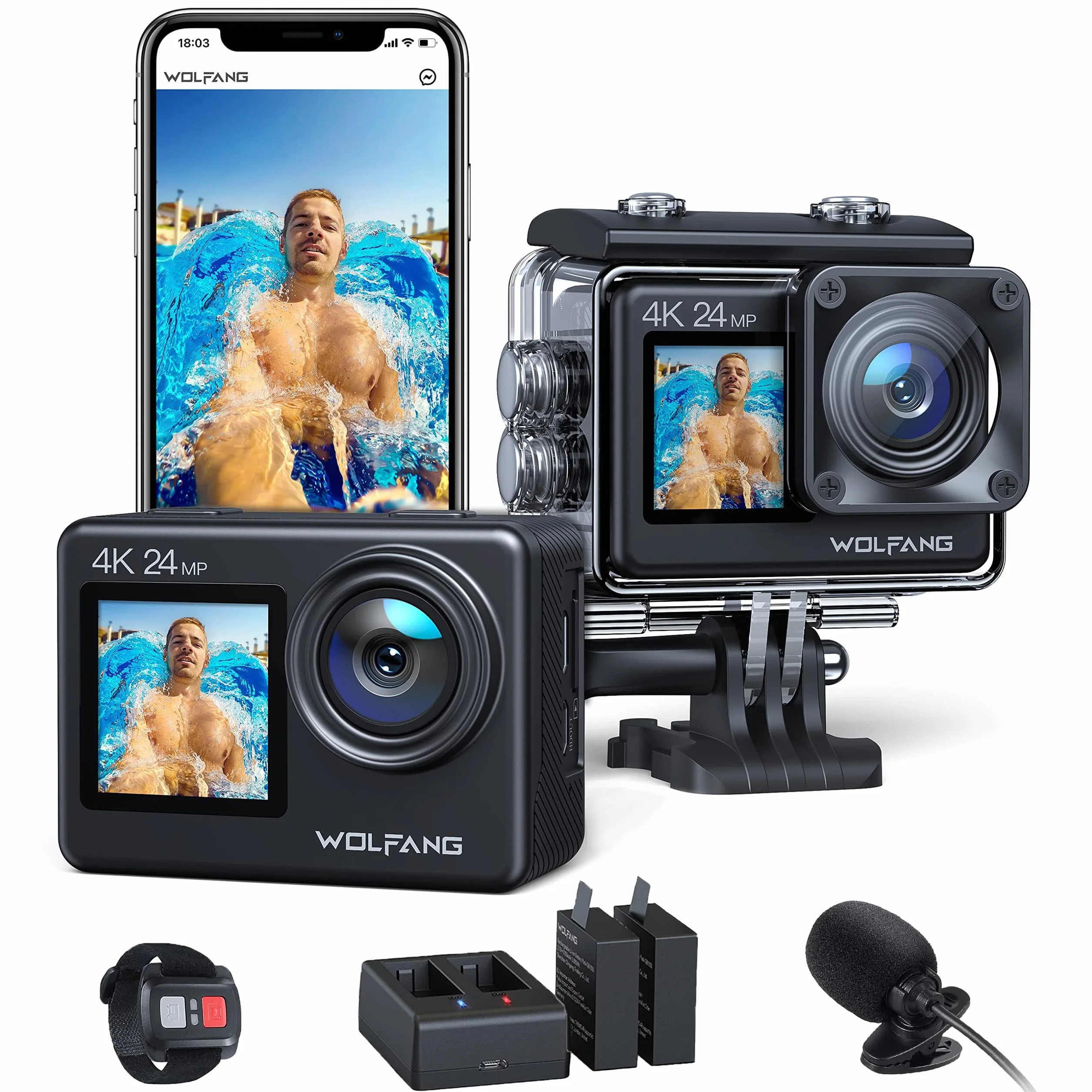 WOLFANG Caméra Sport GA200 4K 24MP, Deux Écrans 30FPS Caméra Étanche Grand Angle Écran Tactile WiFi Appareil Photo avec EIS Stabilisateur(2 Piles, kit d'accessoires)