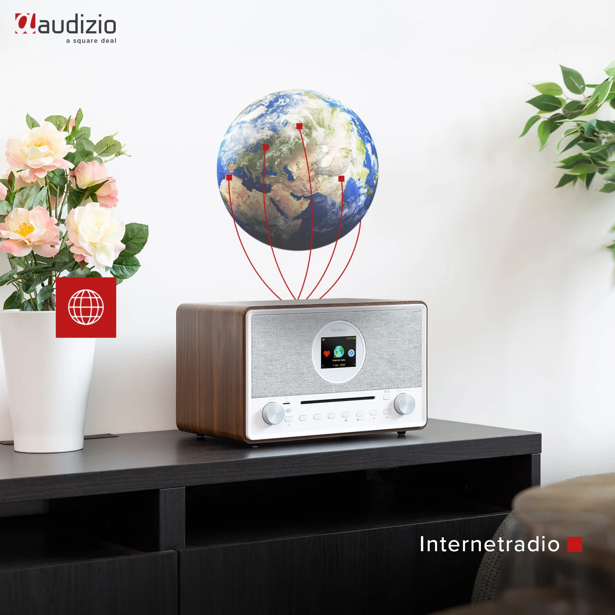 Audizio Lucca Radio Dab+ Internet Wi-FI 60W - Bois, Écran LCD 2,8", Bluetooth 5.0, CD, Deux Haut-Parleurs, Sortie Casque, Télécommande Incluse, Idéale pour Écouter la Radio à la Maison