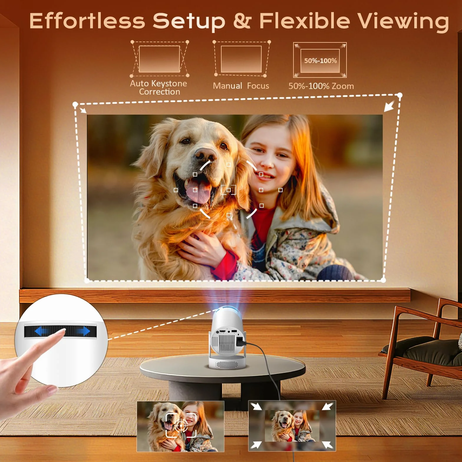 Videoprojecteur Portable WiFi 6 Bluetooth 5.4 Mini Projecteur Vidéo 1080P 4K Rotation 270° HDMI USB Haut-Parleur Intérieur Extérieur