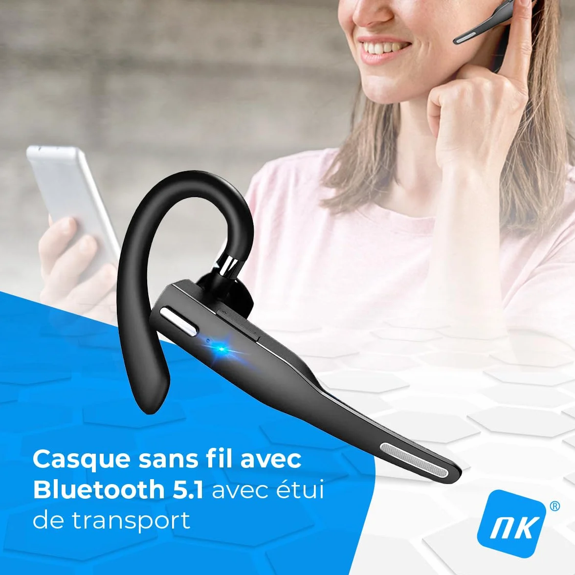 NK Casque d'écoute sans Fil avec Bluetooth 5.0 - Casque d'écoute avec kit Mains Libres, Microphone, Capture de la Voix Claire, Batterie de 100 mAh, étui de Transport Inclus - Iphone & Android