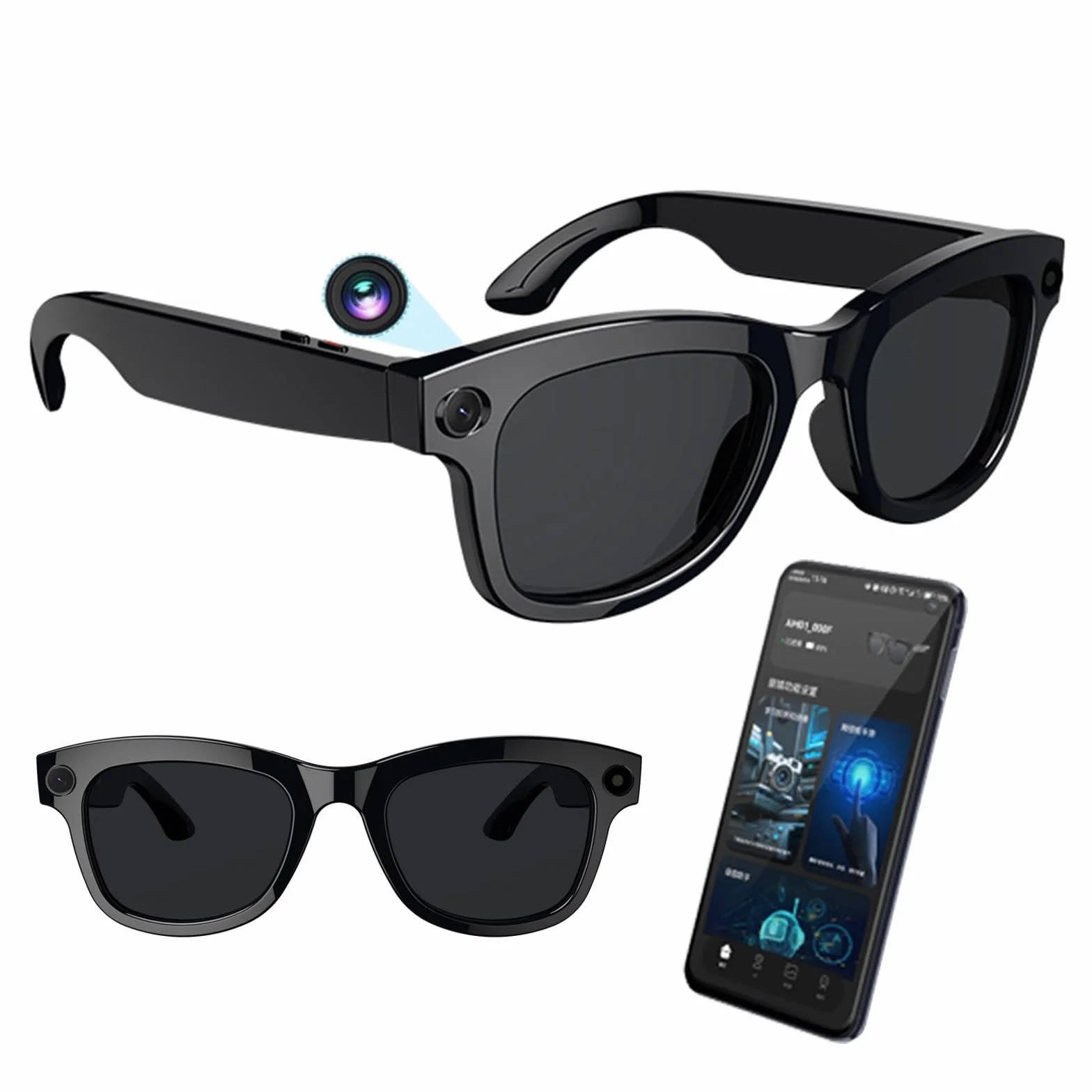 Lunettes connectées IA avec caméra, ChatGPT intégré,traduction,commande vocale,Wi-Fi 4.0,Bluetooth 5.3,prise de vue HD, lunettes de soleil intelligentes pour les voyages,la musique et les appels,B