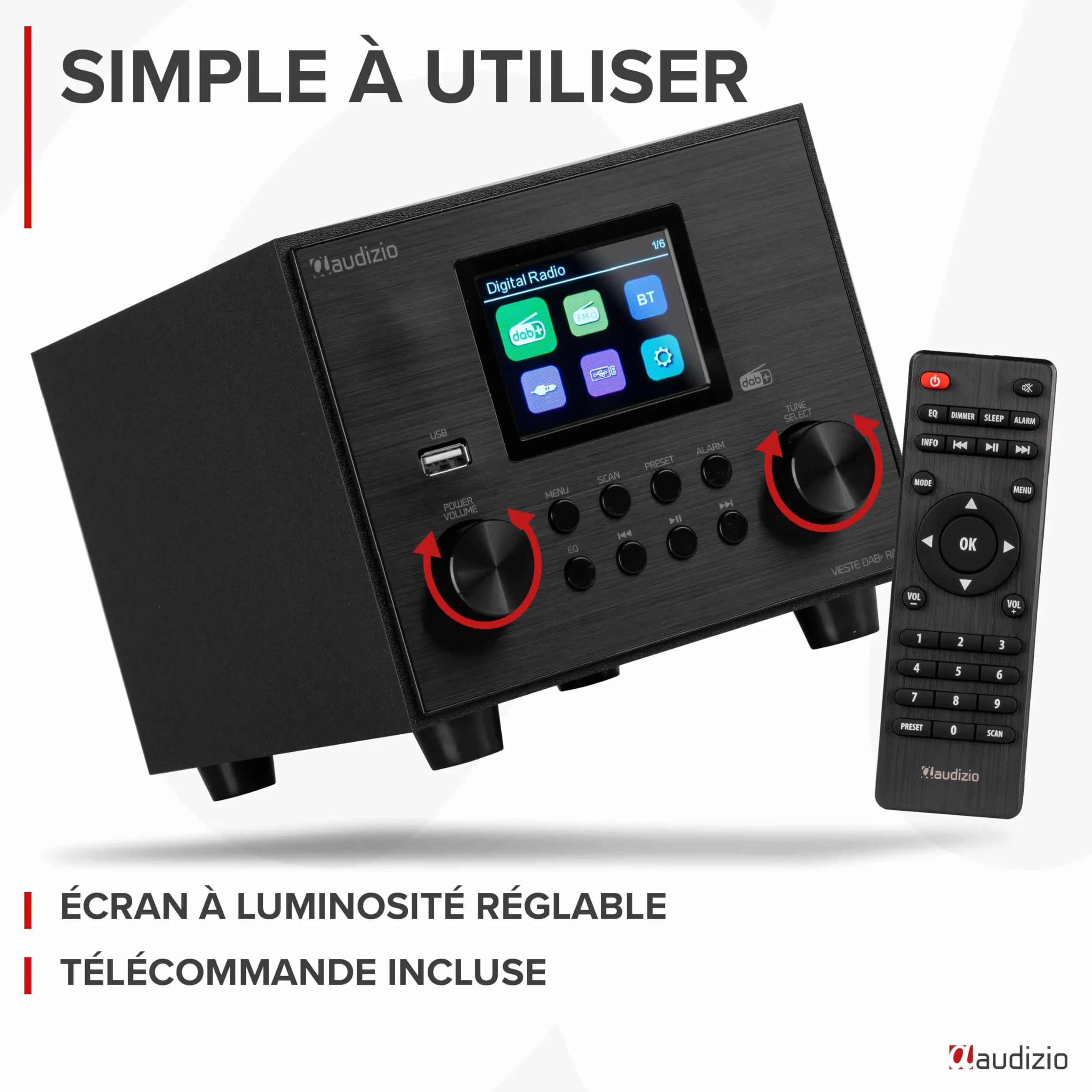 Audizio Vieste Radio Dab+ FM Bluetooth 5.0 - Noire, Subwoofer Intégré, Écran Couleur 2,8", Port USB, Sortie Casque, Télécommande Incluse, Idéale pour Écouter la Radio à la Maison
