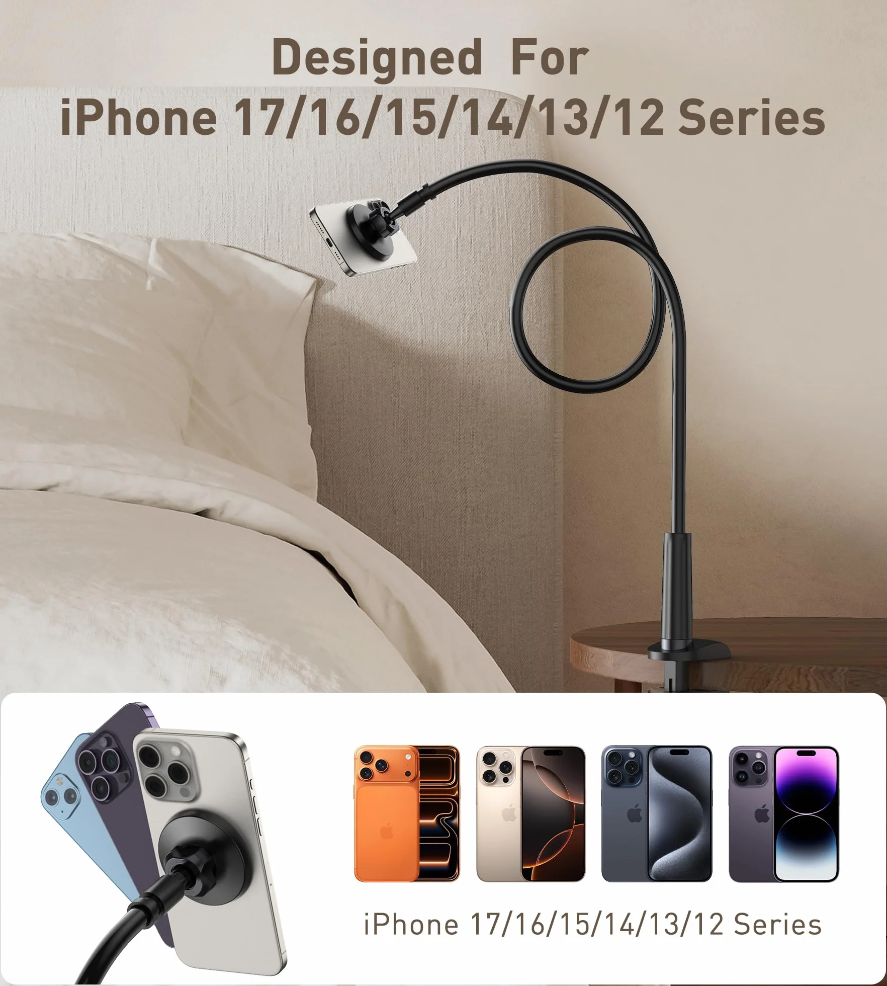 Support Téléphone Lit Réglable Pivotant 360° Col de Cygne Mag-Safe avec Anneaux Métal pour iPhone 17 16 15 14 13 12 Pro Max Plus