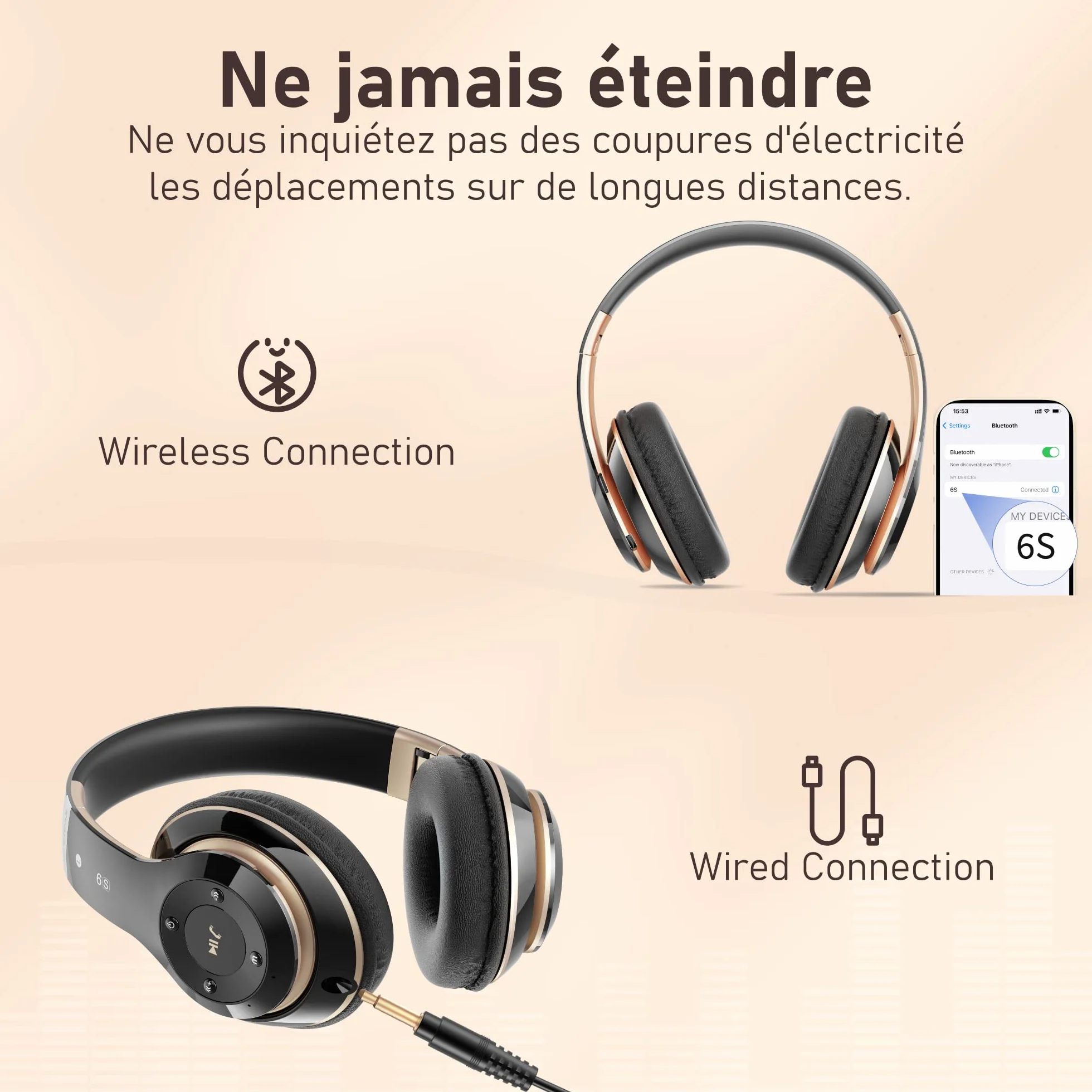 Casque Bluetooth sans Fil, Casque Bluetooth Supra-auriculaire avec 6 Modes d'égalisation, Casque sans Fil 65 Heures avec Microphone HD Intégré, FM, SD/TF pour l'extérieur, Le Transport