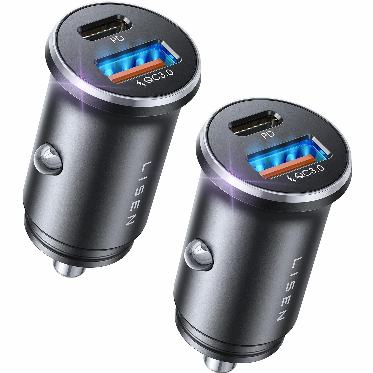 LISEN 54W 2-Pack Allume Cigare USB C, Double Ports Rapide, Chargeur Voiture USB C Sécurisés, Prise Allume Cigare 12V acev iPhone 17 Pro Max Air 16/15 Galaxy S25/S24 iPad Airpods