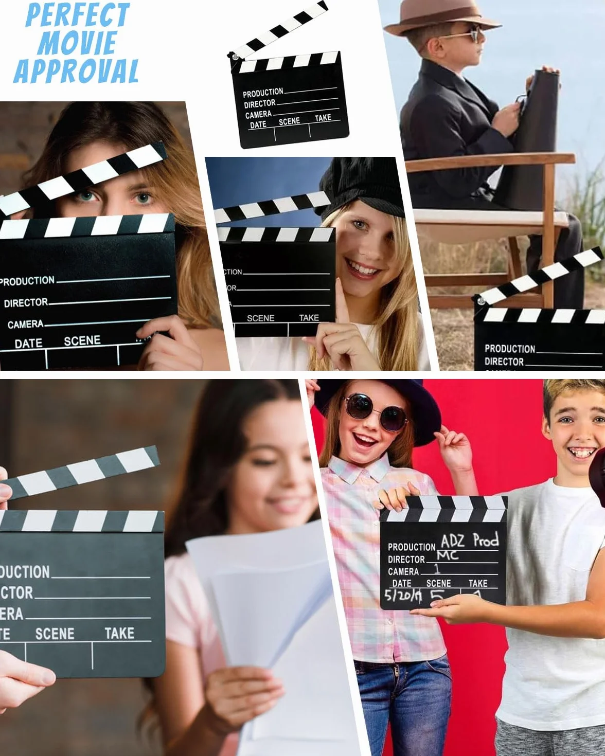 1 clap de cinéma en carton, 20 x 18 cm, clap de réalisateur, tableau de tournage, couverture à rabat, notes de scène, couverture effaçable, accessoire de tournage (noir et blanc)