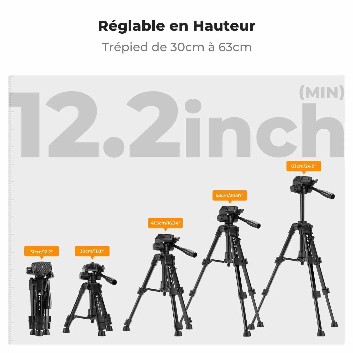 K&F CONCEPT Mini trépied de Bureau pour Appareil Photo, trépied de Table en Aluminium de 63,5 cm avec télécommande, Petit trépied Portable pour appareils Photo Reflex numériques, caméscope, téléphone