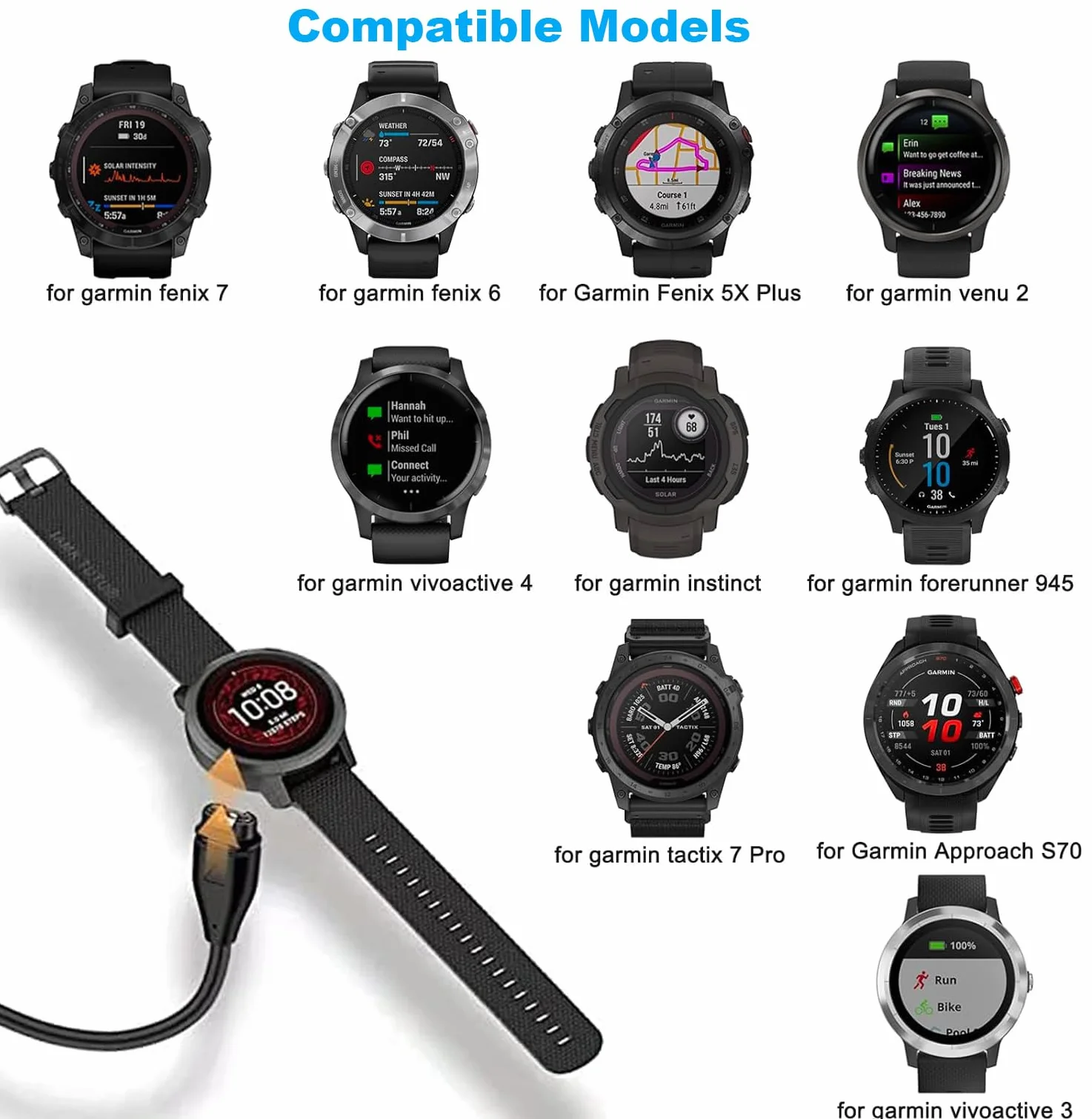 Chargeur Cable Compatible avec Garmin Venu/Venu 2/Venu 2S/Venu SQ 2/VenuSQ/Vivoactive 3, Garmin Fenix 6 6S 6X Pro, 5 5S 5X Plus, 7 7S 7X, 3.3ft Câble de Charge (Noir)