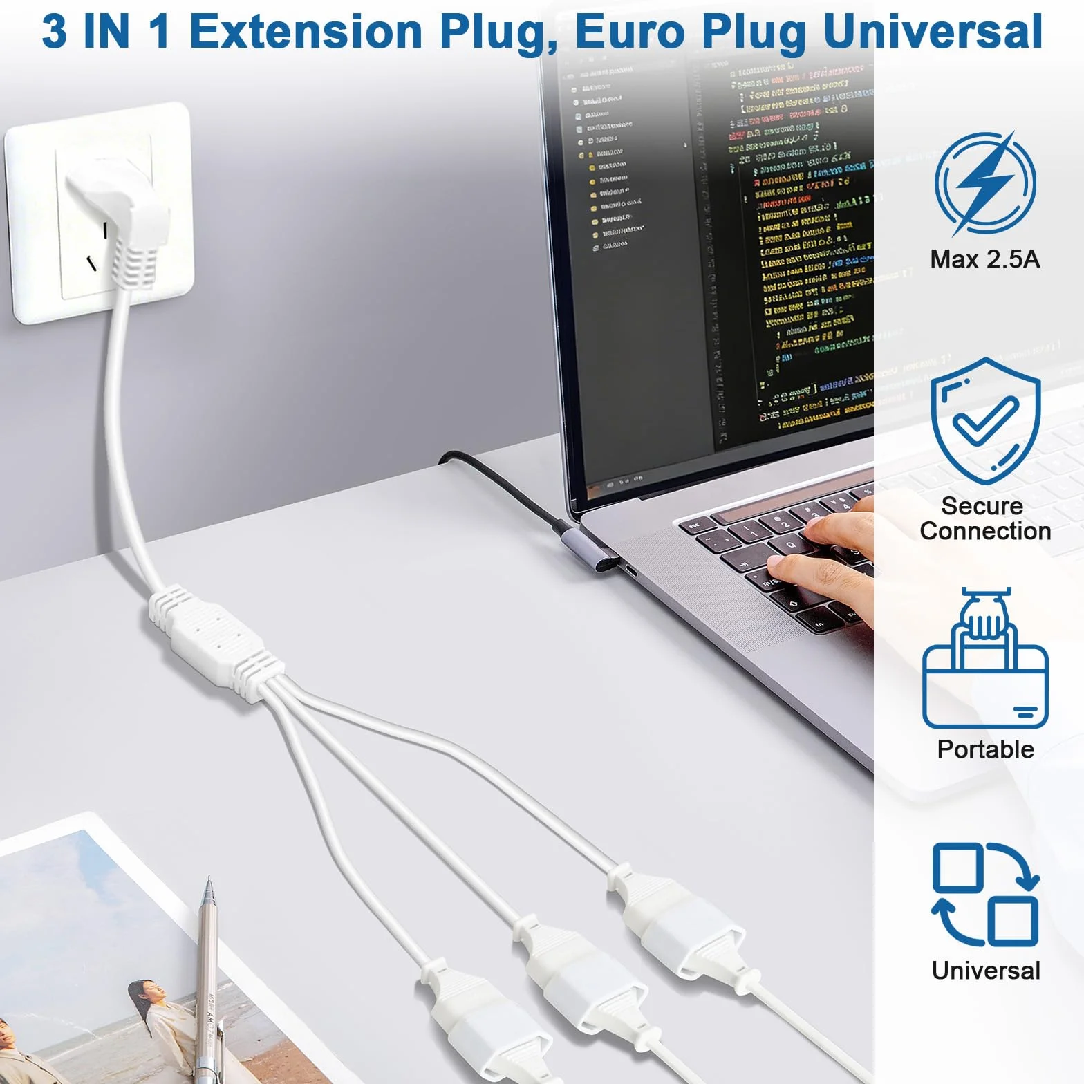 VINATO Câble D'extension Euro 3 en 1, 2.5A 250V Rallonge Electrique Exterieure, Rallonge Prise Plate, pour électroménagers TV Moniteur D'Ordinateur (Blanc, 0.5m)